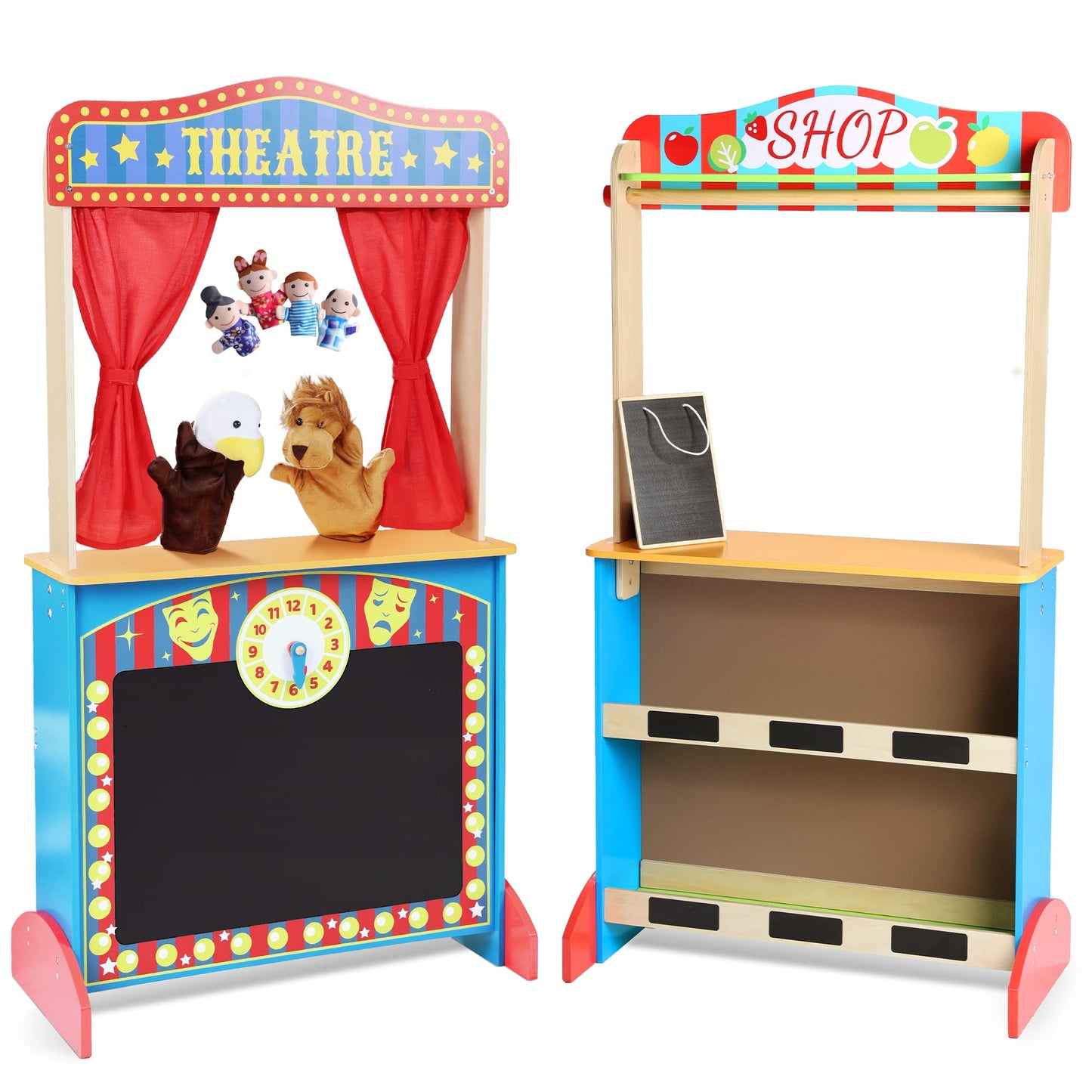 CHIUHEI Deluxe Wooden Puppet Theater with Curtains, Blackboard and Clock – Double-Sided Play Store for Kids 3-8
