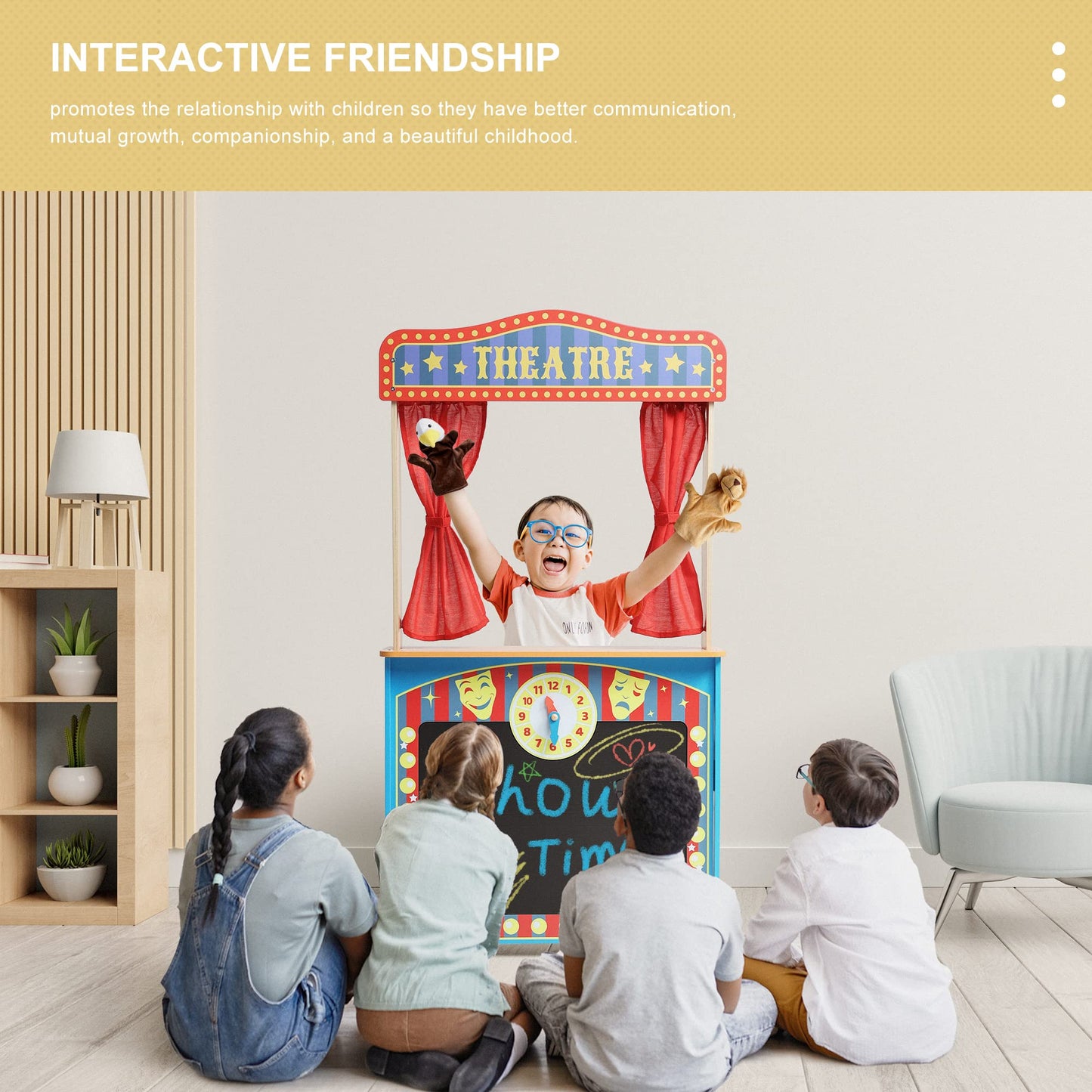 CHIUHEI Deluxe Wooden Puppet Theater with Curtains, Blackboard and Clock – Double-Sided Play Store for Kids 3-8