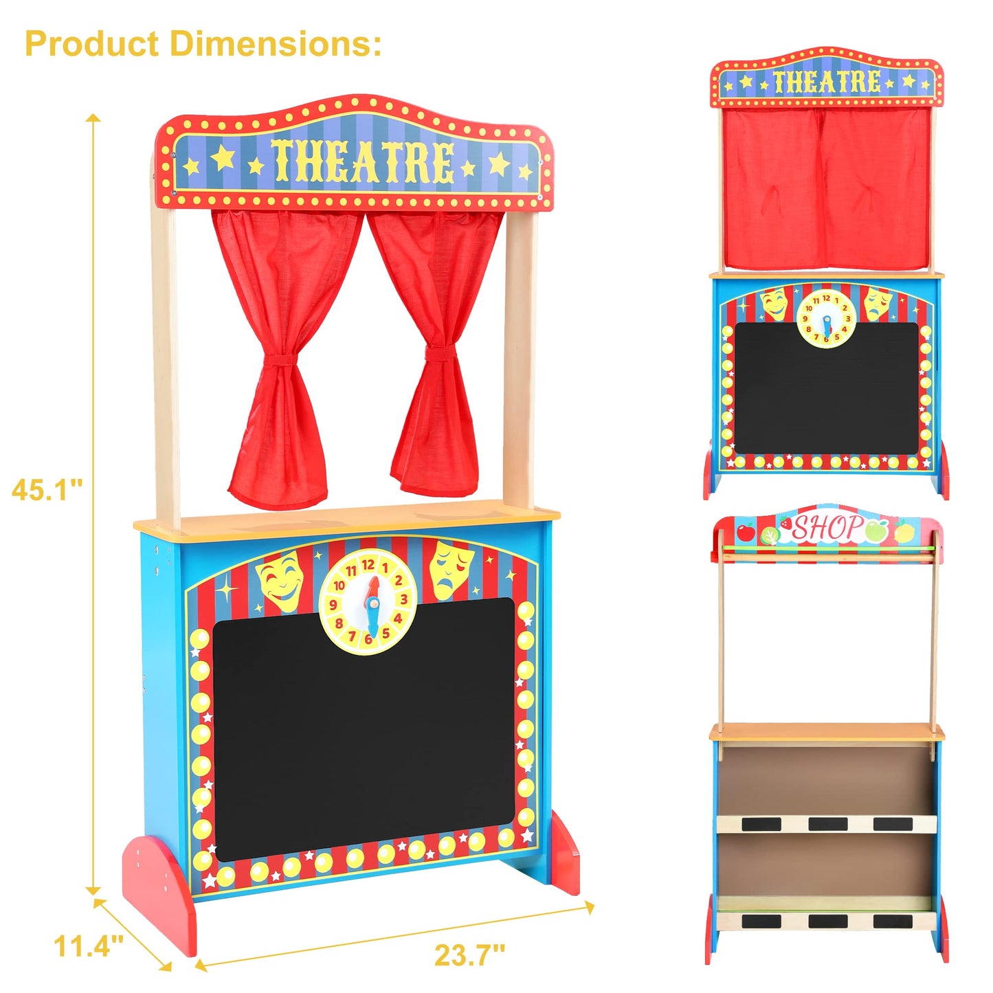CHIUHEI Deluxe Wooden Puppet Theater with Curtains, Blackboard and Clock – Double-Sided Play Store for Kids 3-8