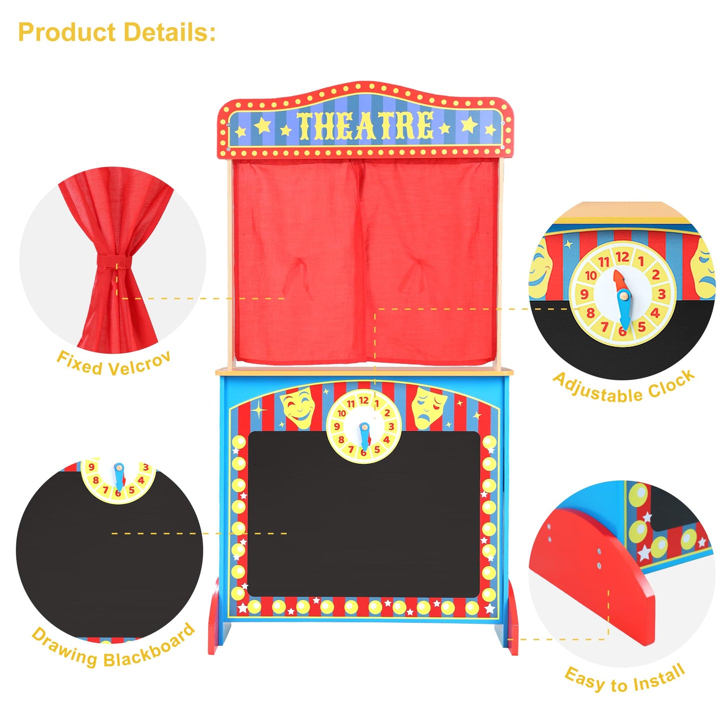 CHIUHEI Deluxe Wooden Puppet Theater with Curtains, Blackboard and Clock – Double-Sided Play Store for Kids 3-8