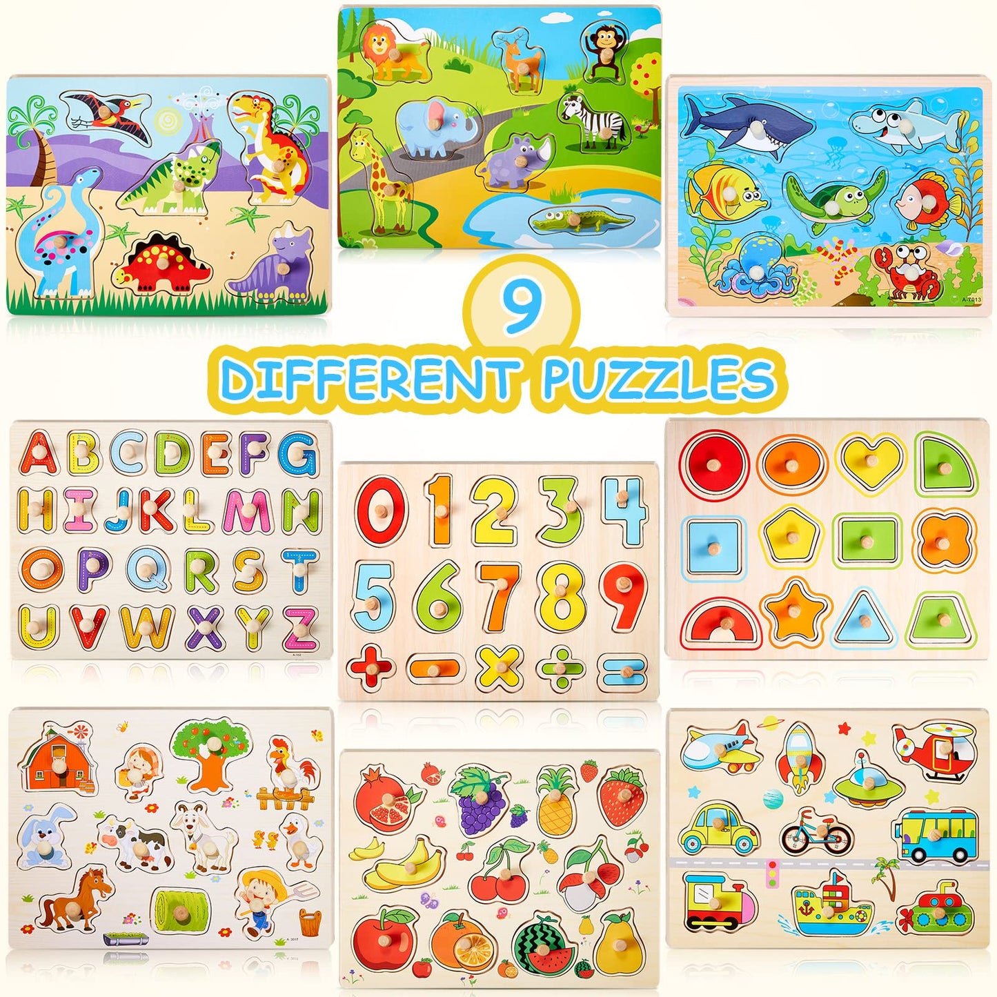 Chivao 9-Pack Wooden Peg Puzzles for Toddlers with Storage Rack | Alphabet, Numbers & Animals