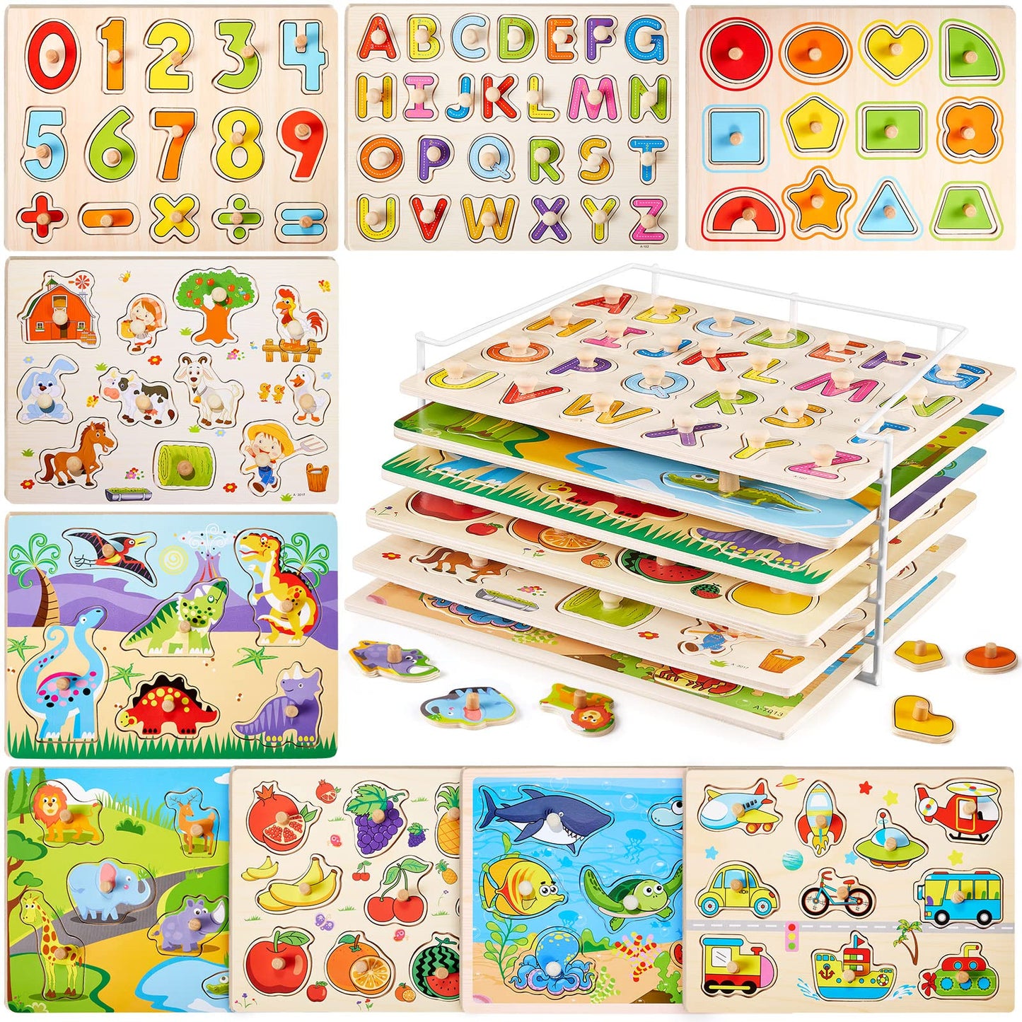Chivao 9-Pack Wooden Peg Puzzles for Toddlers with Storage Rack | Alphabet, Numbers & Animals