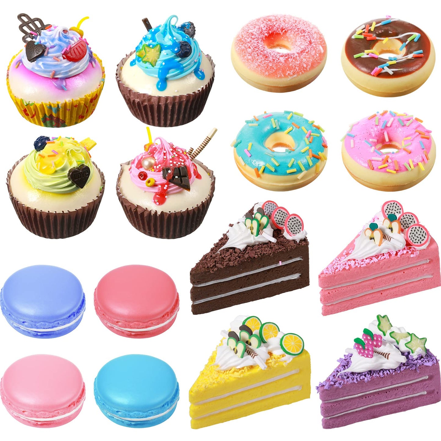 Chivao 16-Piece Realistic Fake Food Props – Donuts, Cupcakes, Macarons & Cake Slices