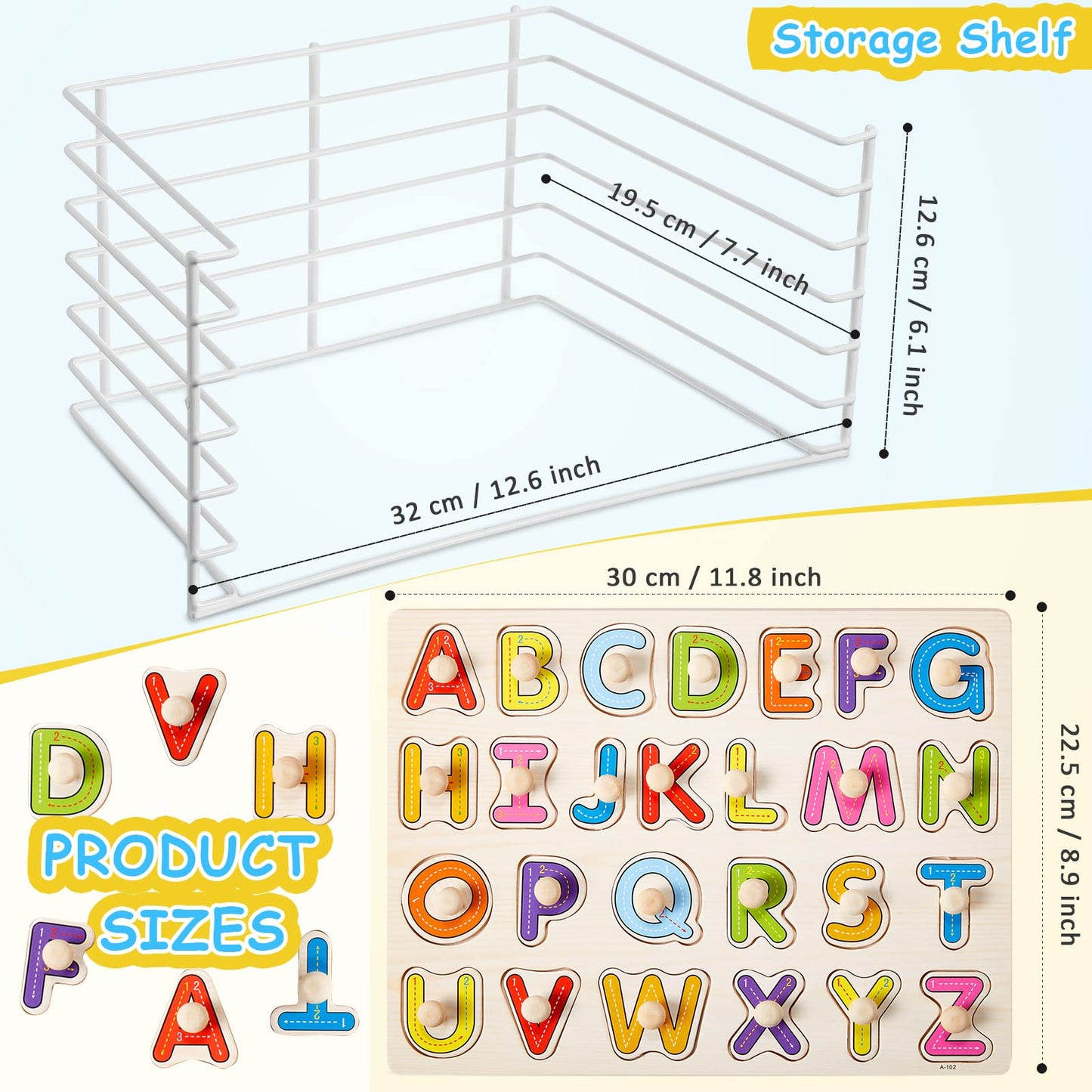 Chivao 9-Pack Wooden Peg Puzzles for Toddlers with Storage Rack | Alphabet, Numbers & Animals