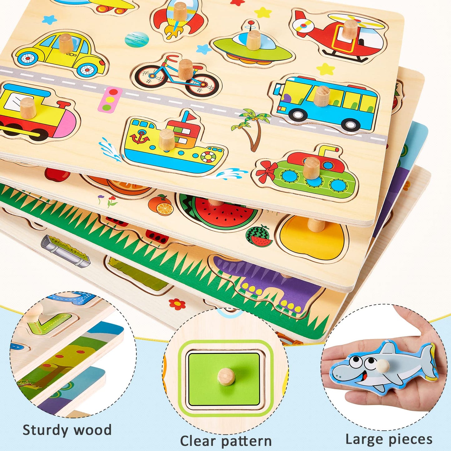 Chivao 9-Pack Wooden Peg Puzzles for Toddlers with Storage Rack | Alphabet, Numbers & Animals