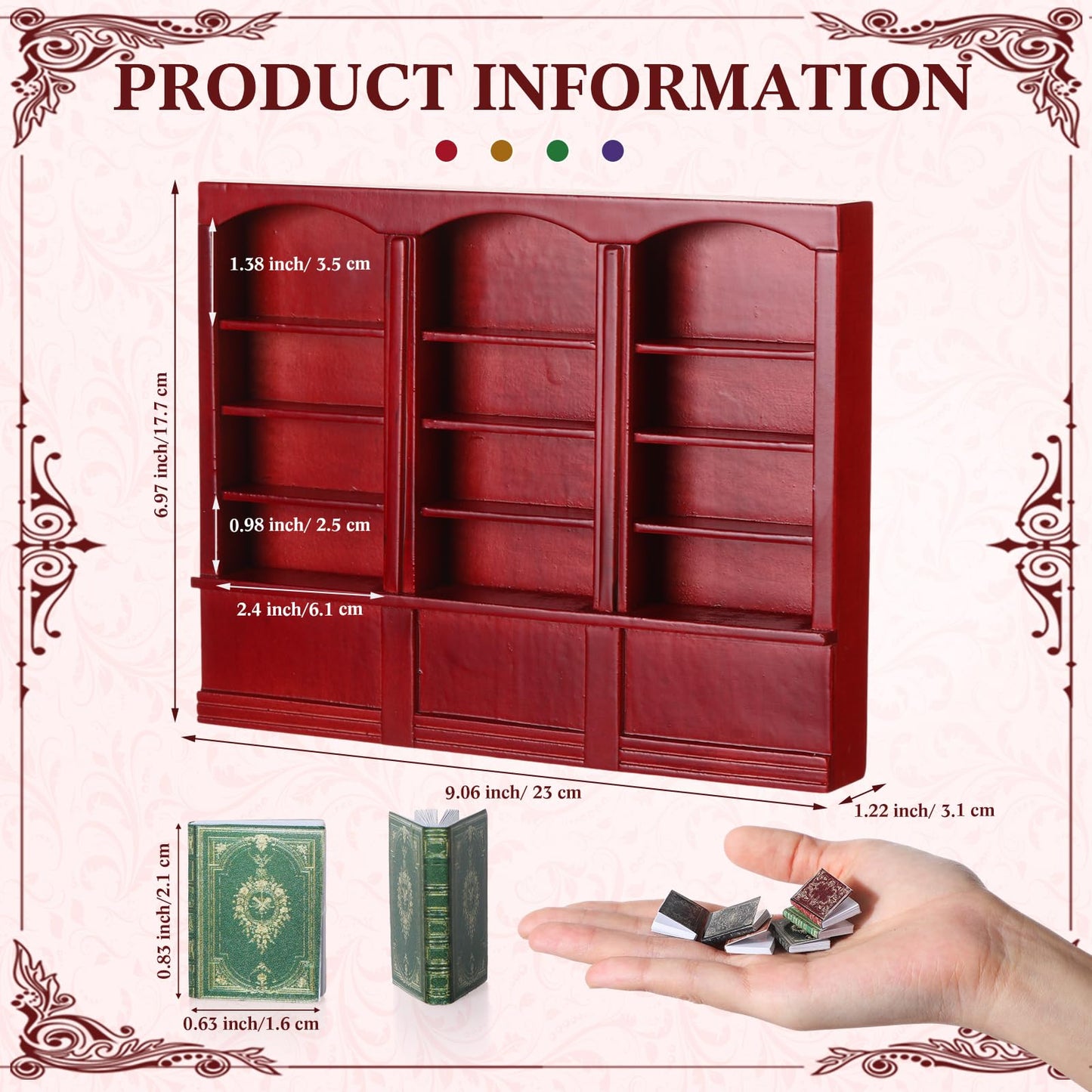 Chivertion 1:12-Scale Dollhouse Bookshelf with 48 Mini Books in Red