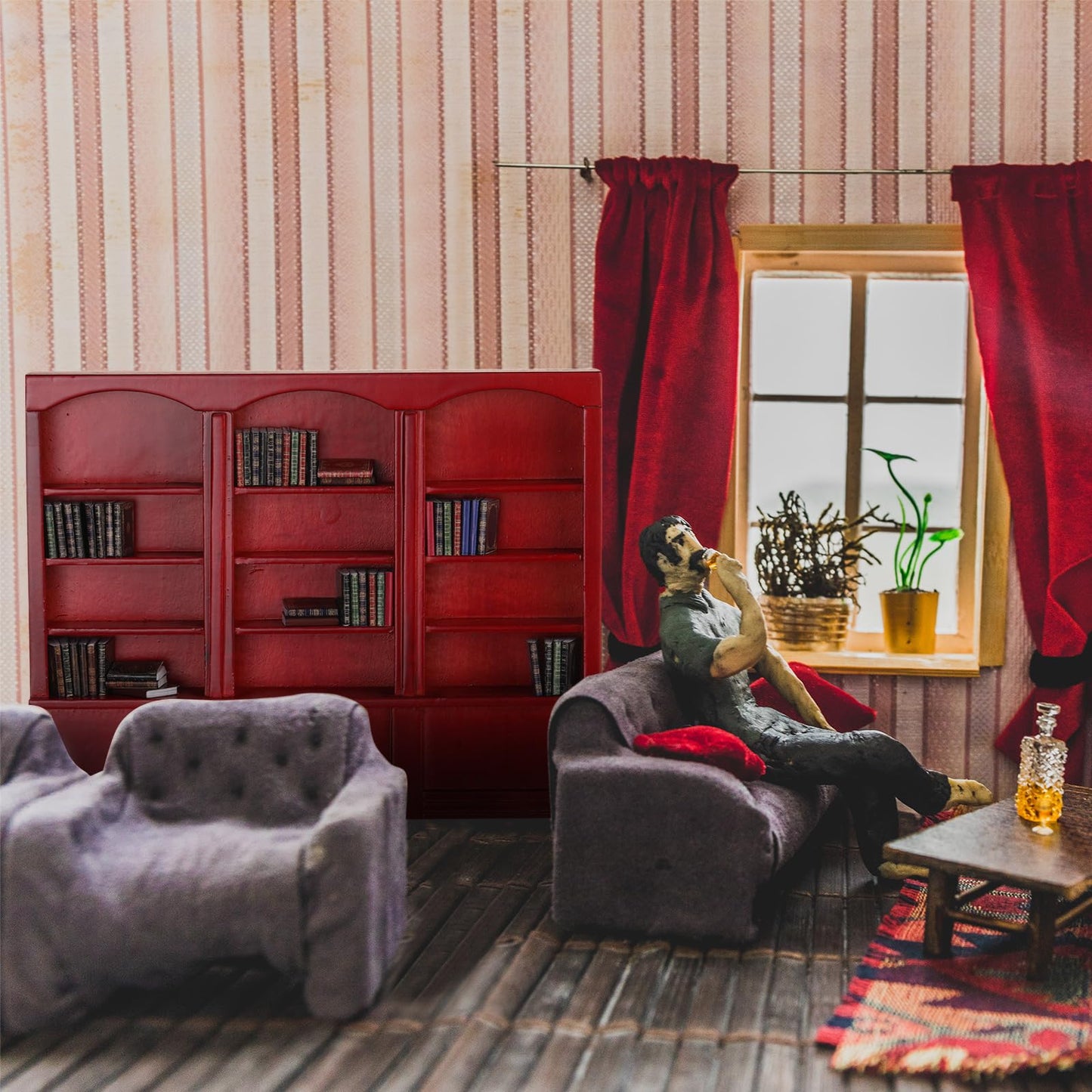 Chivertion 1:12-Scale Dollhouse Bookshelf with 48 Mini Books in Red