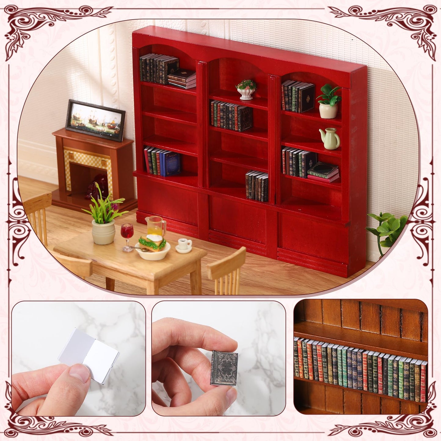 Chivertion 1:12-Scale Dollhouse Bookshelf with 48 Mini Books in Red
