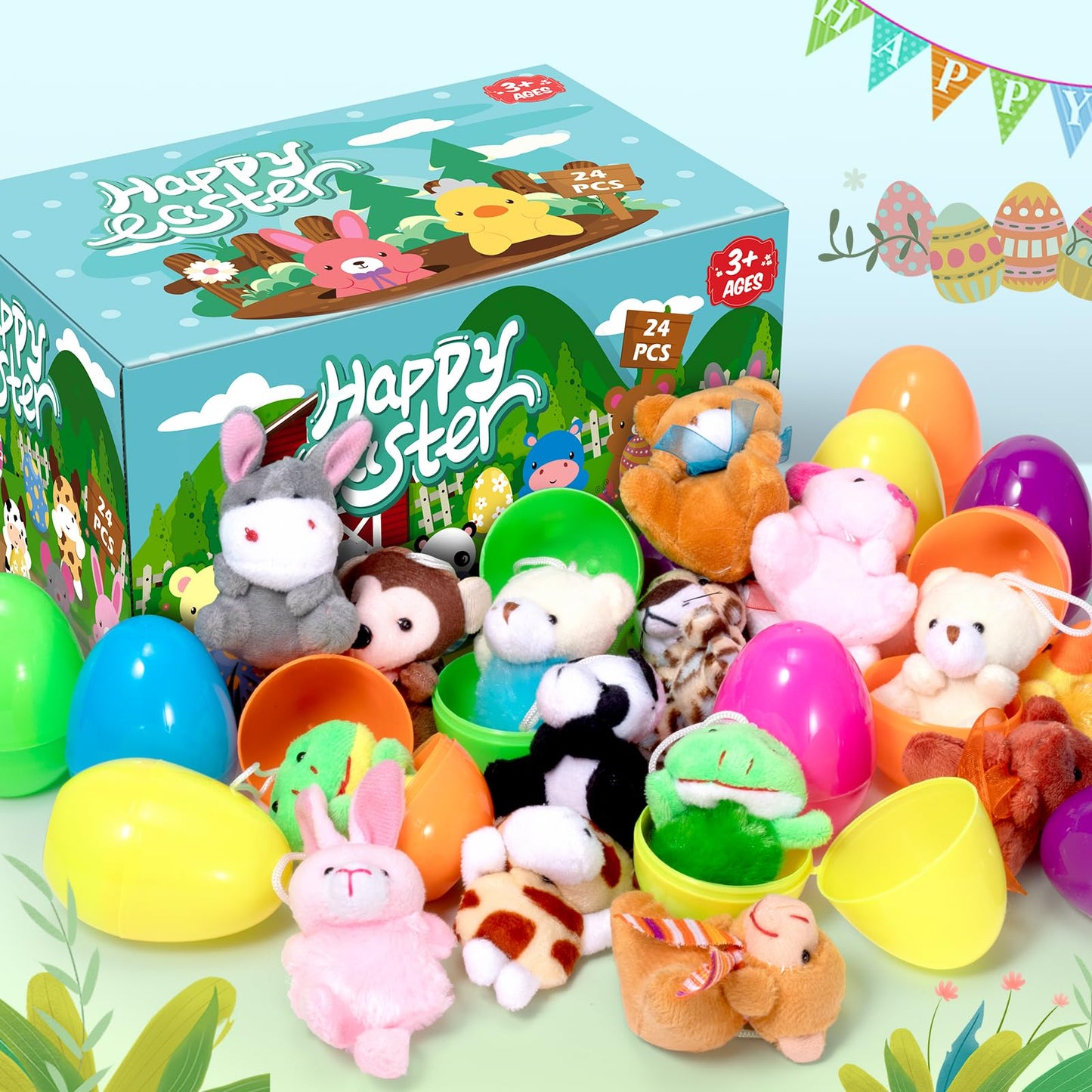 CHMYWJ 24 PCS Prefilled Easter Eggs with Mini Plush Animals – Easter Basket Fillers & Party Favors