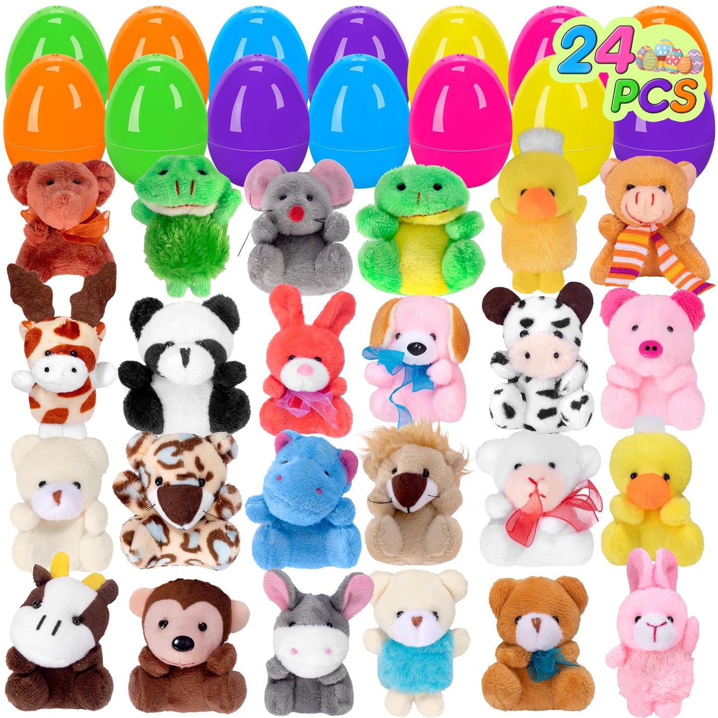 CHMYWJ 24 PCS Prefilled Easter Eggs with Mini Plush Animals – Easter Basket Fillers & Party Favors
