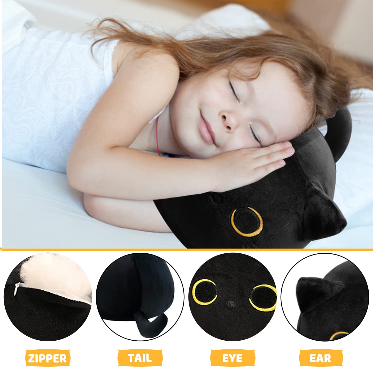 CHNBF 3D Black Cat Plush Toy - 17.7 Inch Soft Cat Pillow & Decorative Plush