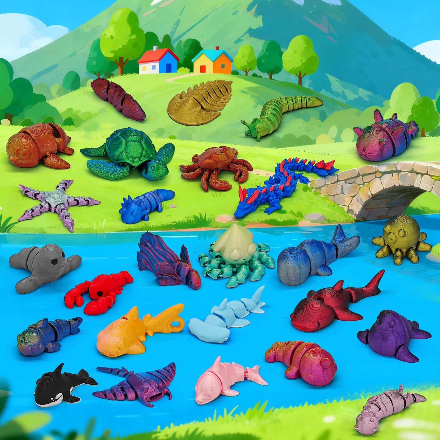 CHolic 26Pcs Ocean Animals Set — 3D Printed Figurines & Flexible Fidget Toys