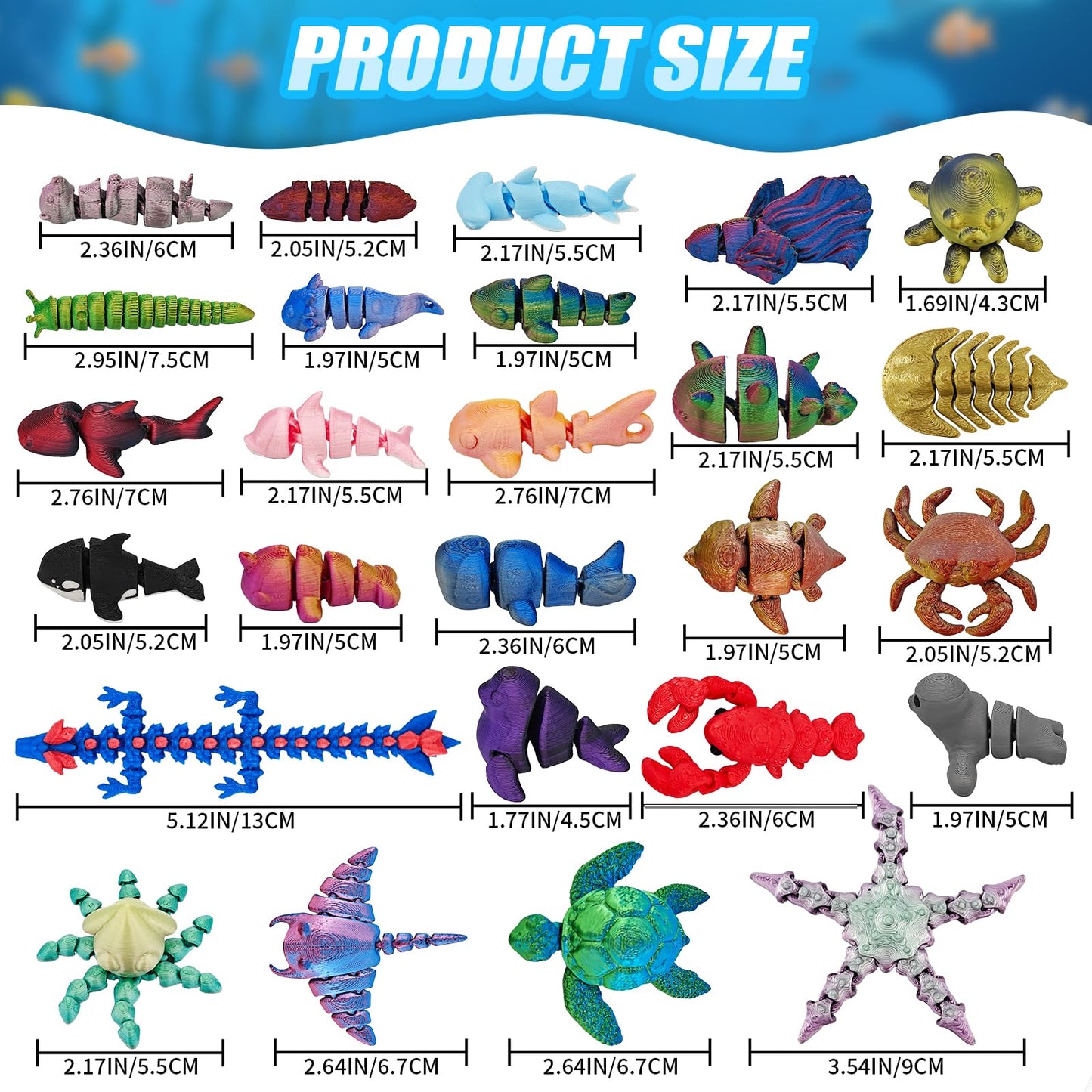 CHolic 26Pcs Ocean Animals Set — 3D Printed Figurines & Flexible Fidget Toys