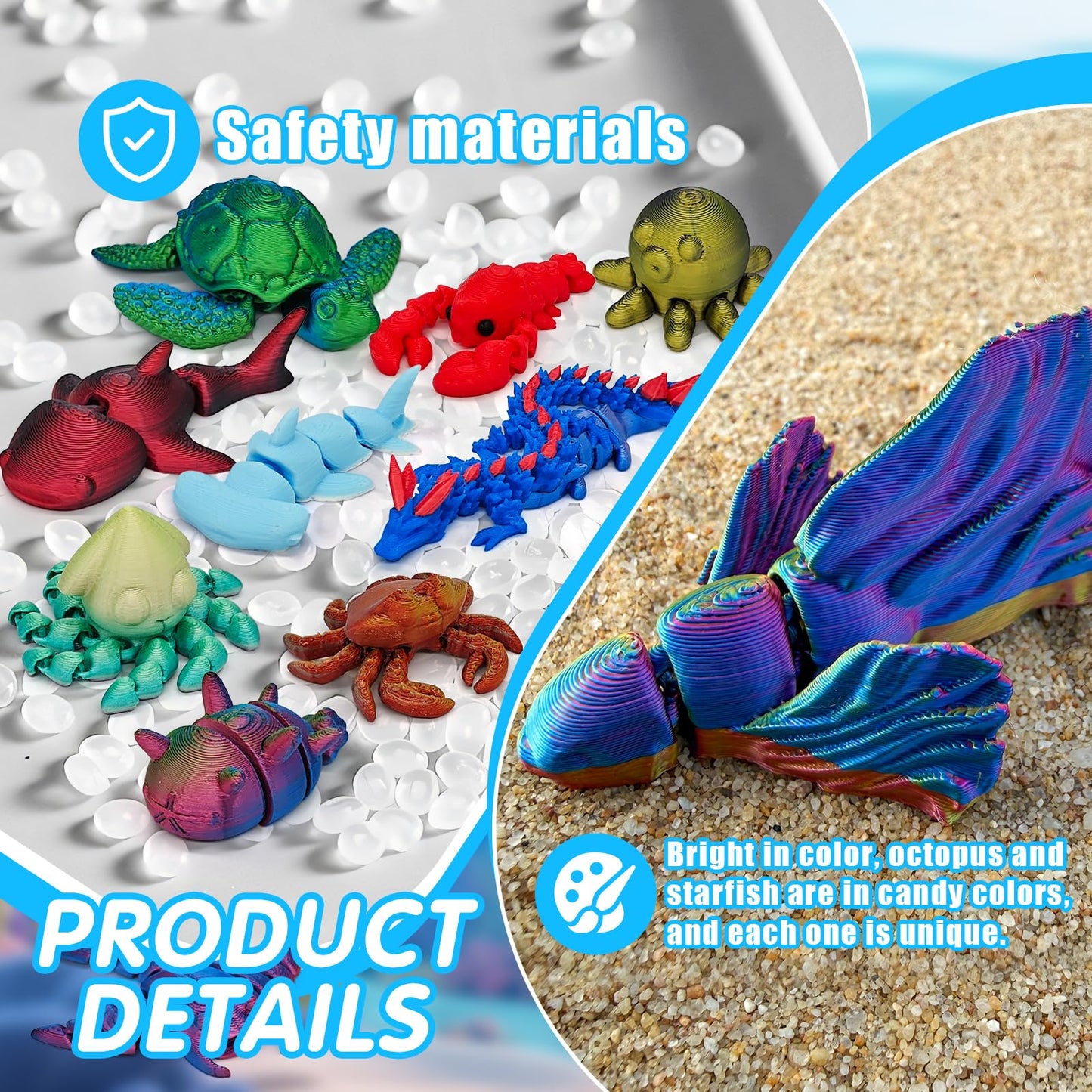 CHolic 26Pcs Ocean Animals Set — 3D Printed Figurines & Flexible Fidget Toys