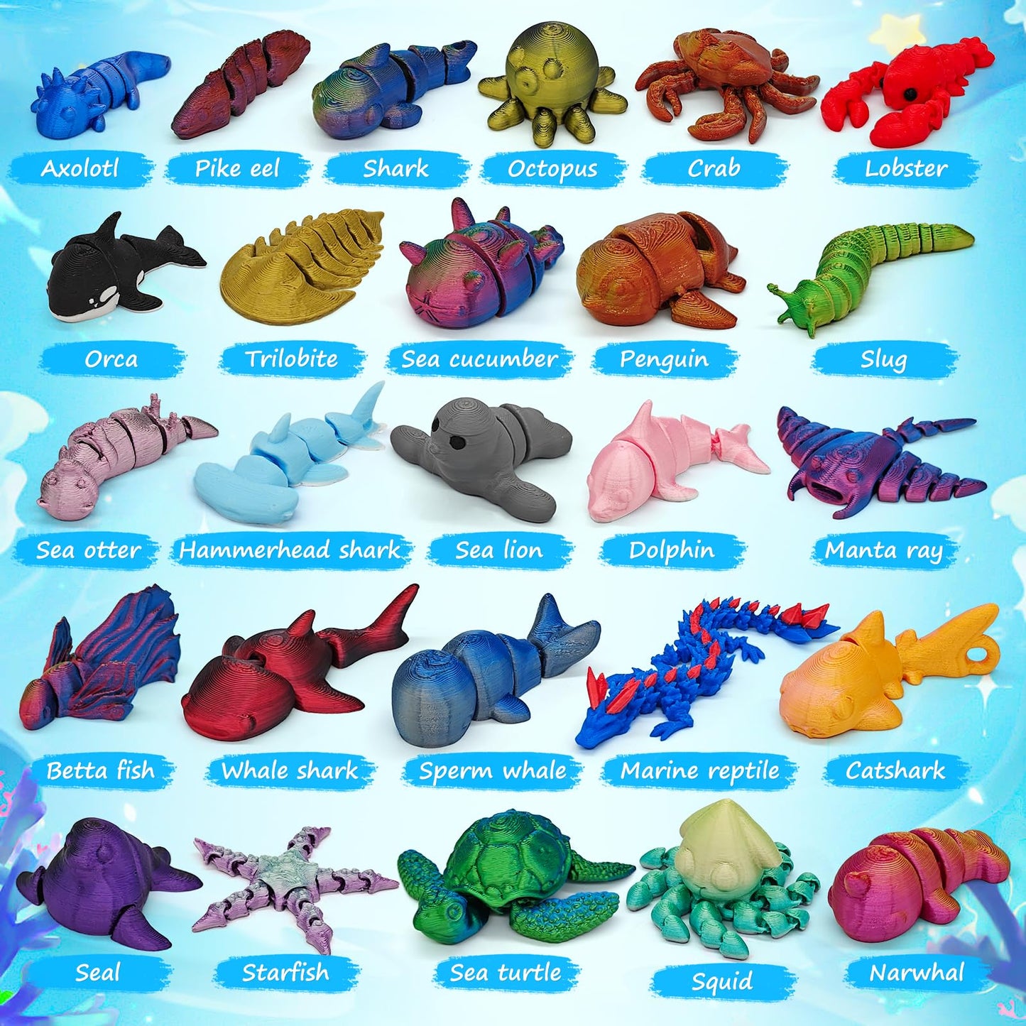 CHolic 26Pcs Ocean Animals Set — 3D Printed Figurines & Flexible Fidget Toys