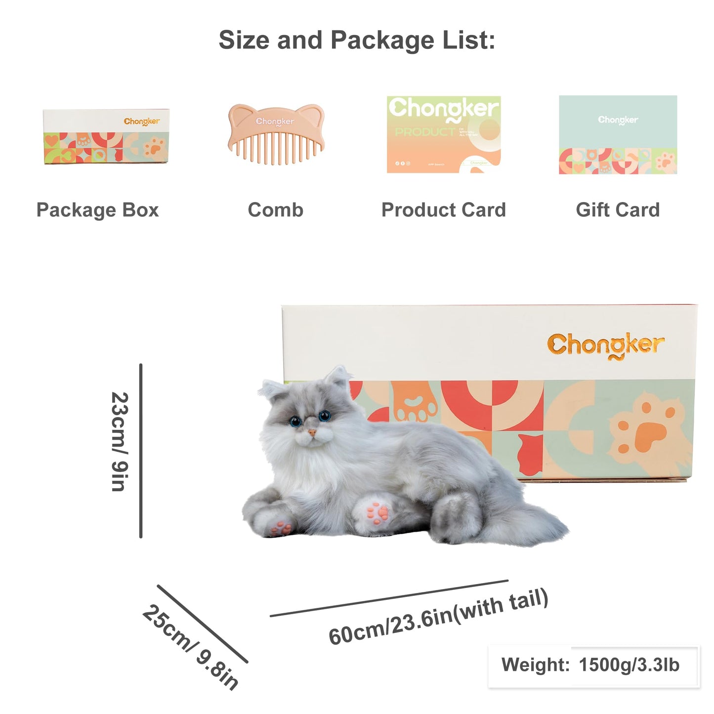 Chongker Weighted Cat Plush Toy — Handmade Realistic Cat, 3.3 LBS, Lifelike Companion