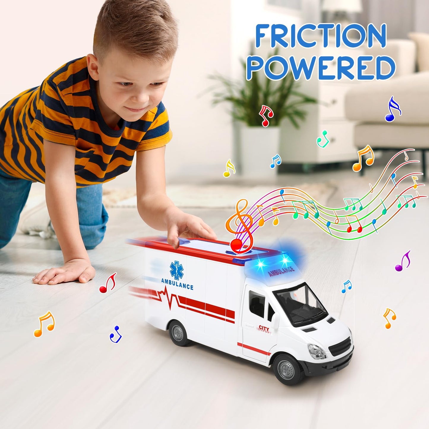 Choopheme Toy Ambulance for Kids 3-5 | 4 Flashing Lights & Sounds, Friction-Powered Wheels, Open Back & Side Doors