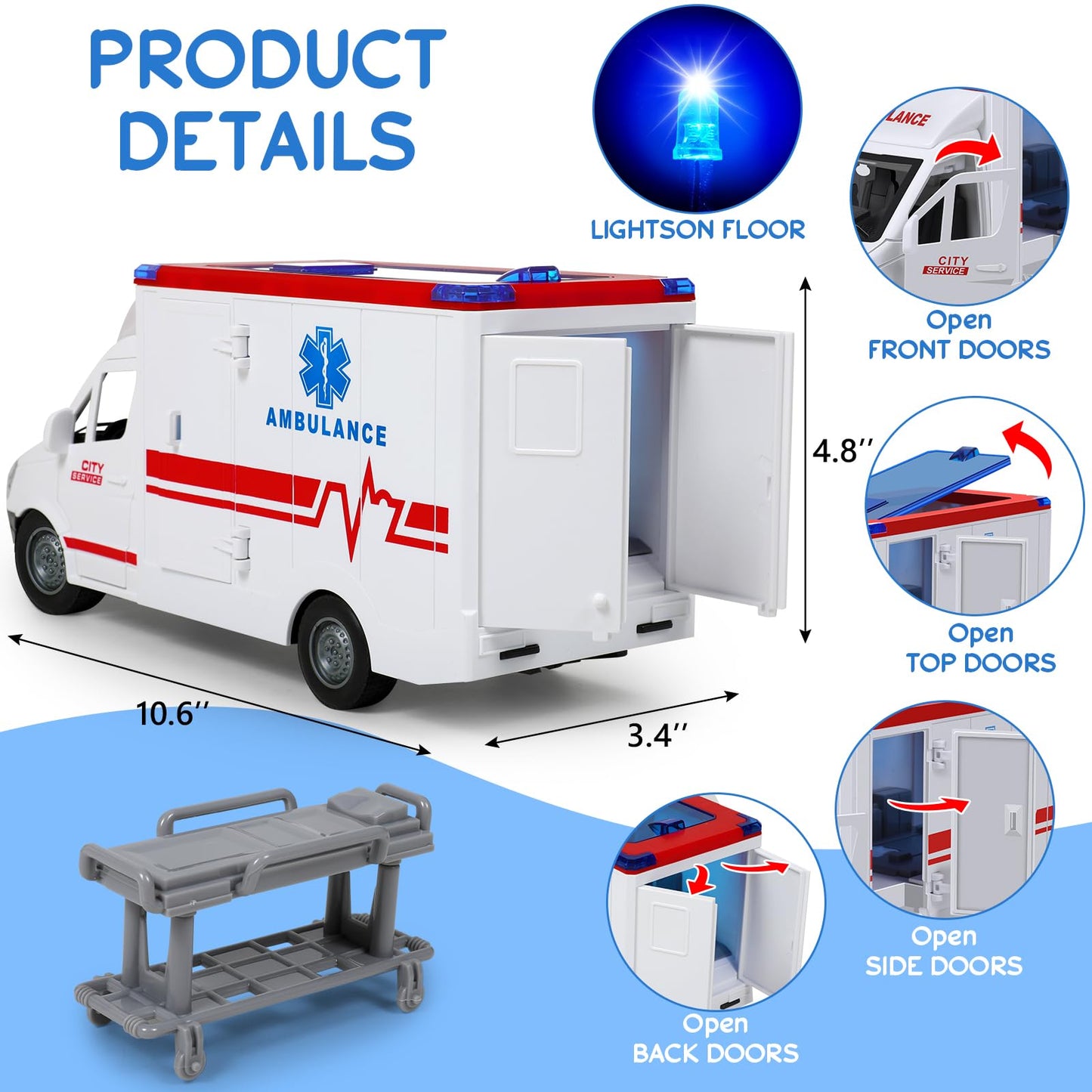 Choopheme Toy Ambulance for Kids 3-5 | 4 Flashing Lights & Sounds, Friction-Powered Wheels, Open Back & Side Doors