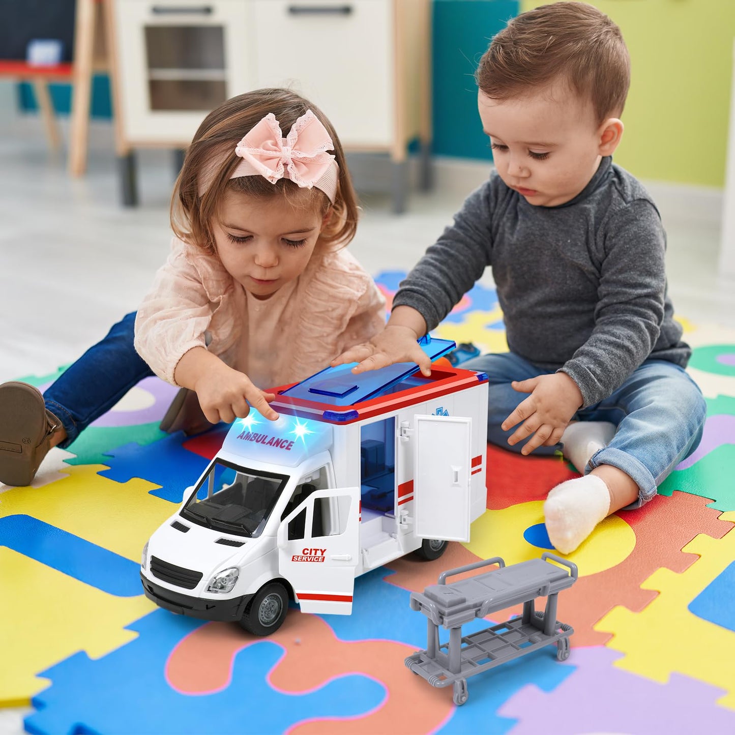 Choopheme Toy Ambulance for Kids 3-5 | 4 Flashing Lights & Sounds, Friction-Powered Wheels, Open Back & Side Doors