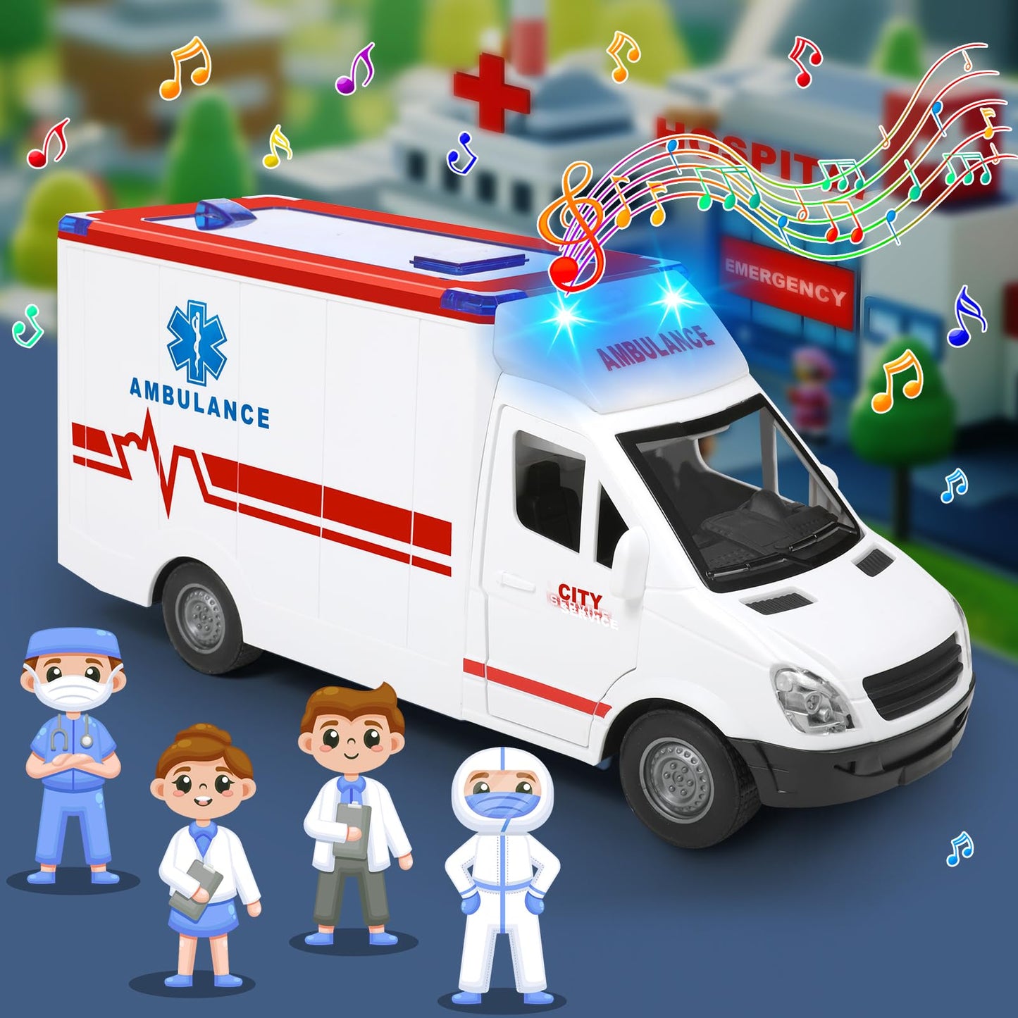 Choopheme Toy Ambulance for Kids 3-5 | 4 Flashing Lights & Sounds, Friction-Powered Wheels, Open Back & Side Doors