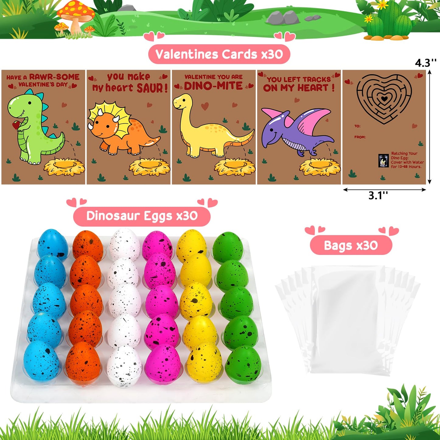Valentines Day Cards & 30 Dinosaur Eggs Set for Kids | Choopheme