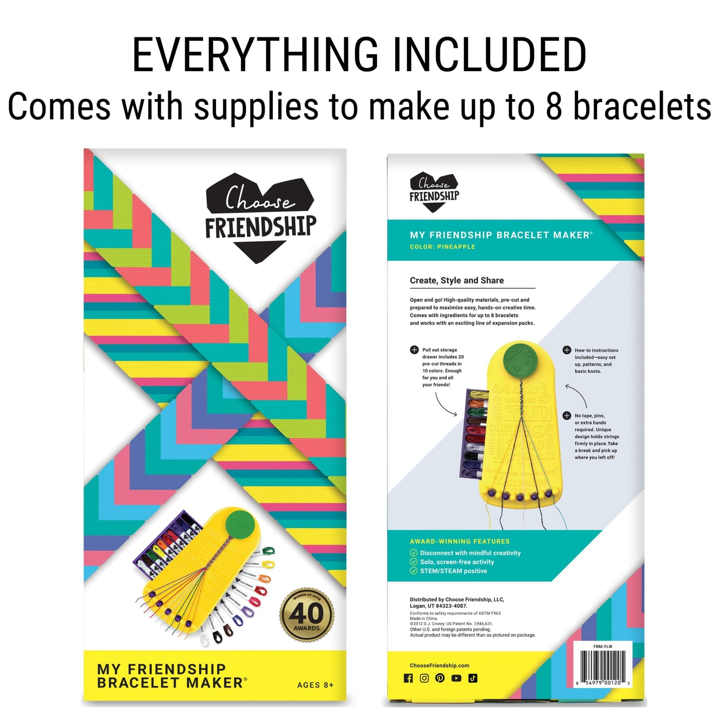 Choose Friendship Bracelet Making Kit – 20 Pre-Cut Threads, Portable Loom, 8 Bracelets, Yellow Pineapple