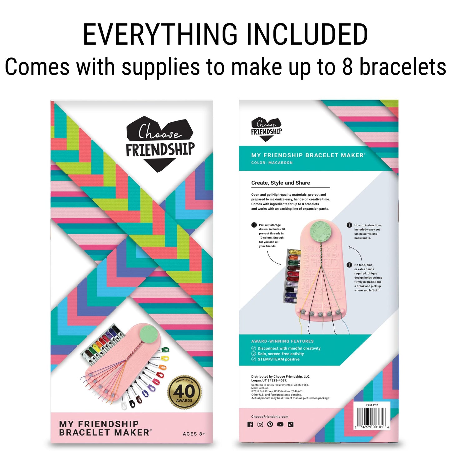 Choose Friendship Bracelet Making Kit – 20 Pre-Cut Threads, Portable Loom, 8 Bracelets (Macaroon)