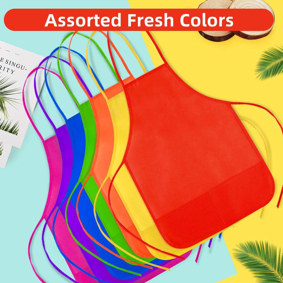 CHRORINE 6 Pack Multicolor Kids Painting Aprons - 13x19 Inch Toddler Art Smocks with 2 Pockets