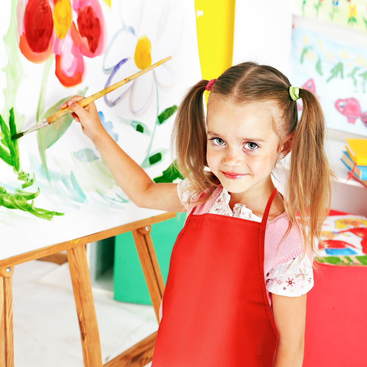CHRORINE 6 Pack Multicolor Kids Painting Aprons - 13x19 Inch Toddler Art Smocks with 2 Pockets