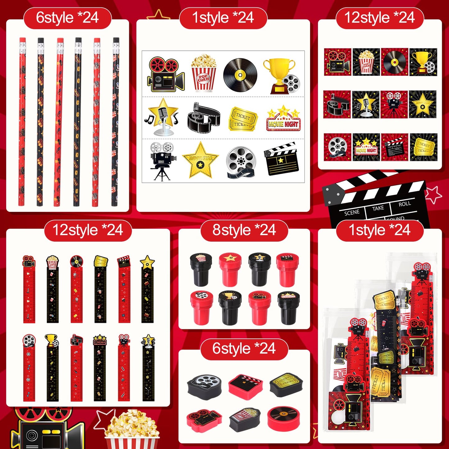 Chrisfall 168 Pcs Movie Night Party Favors Set – Cinema-Themed Stationery Pack