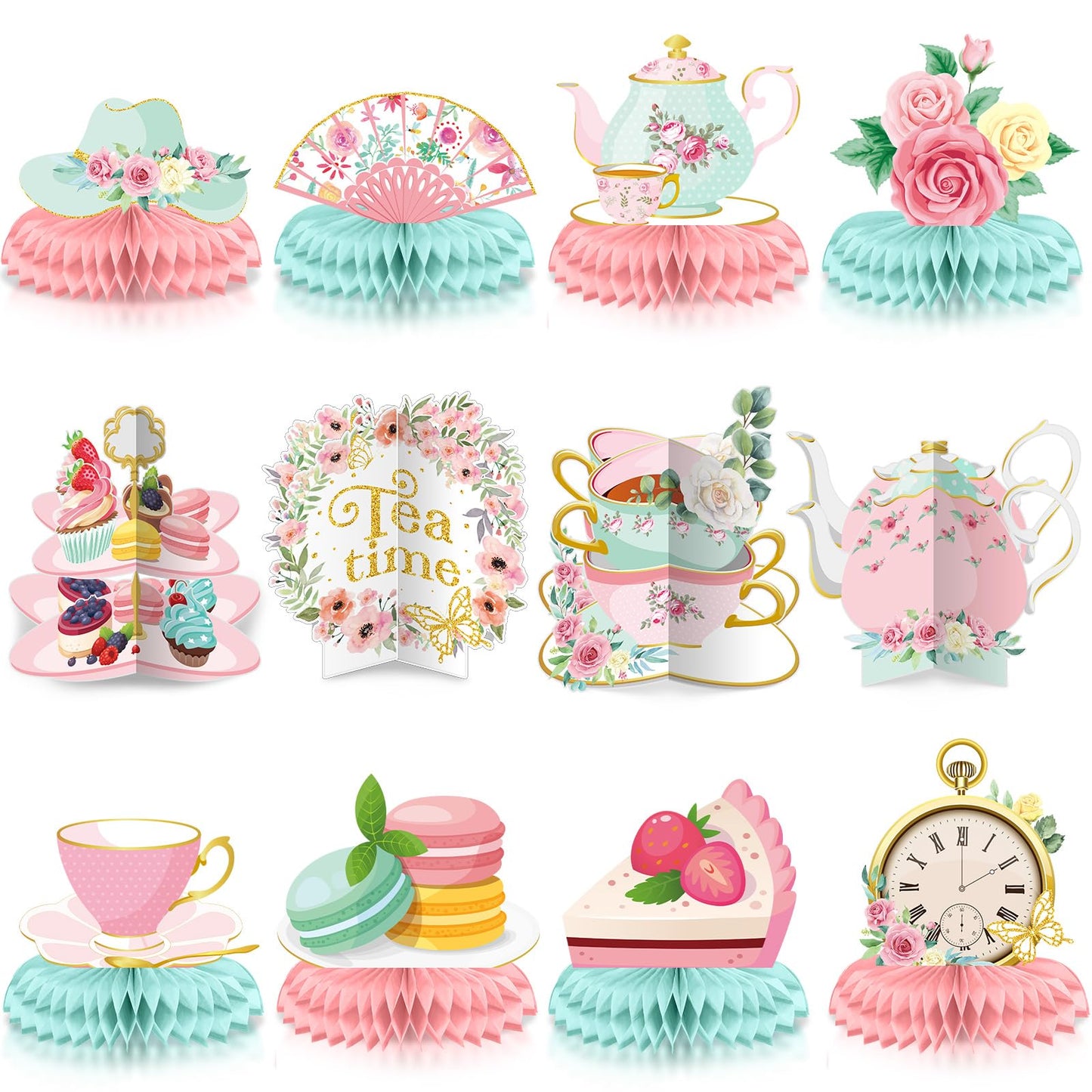 Chrisfall 12 Pcs Tea Party Decorations: Floral Teapot Honeycomb Centerpieces for Princess Birthday, Baby Shower & Wedding Favors