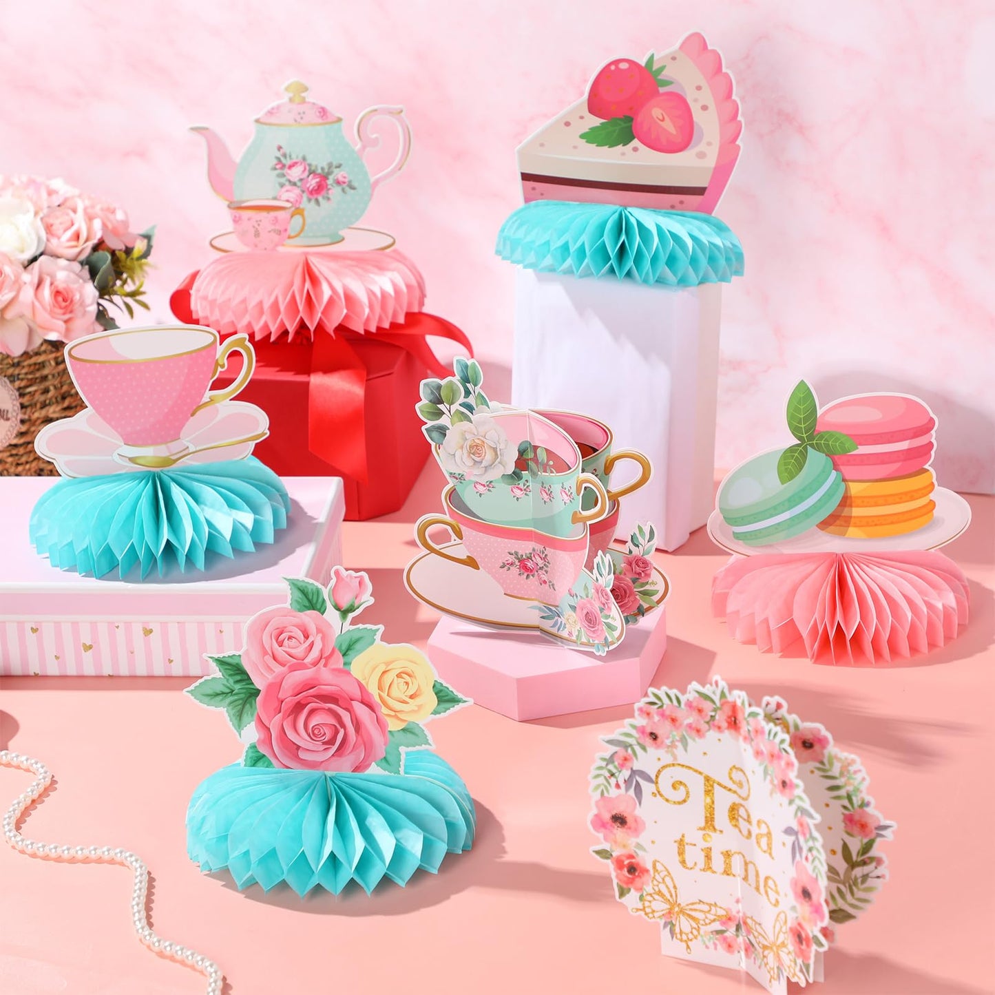 Chrisfall 12 Pcs Tea Party Decorations: Floral Teapot Honeycomb Centerpieces for Princess Birthday, Baby Shower & Wedding Favors