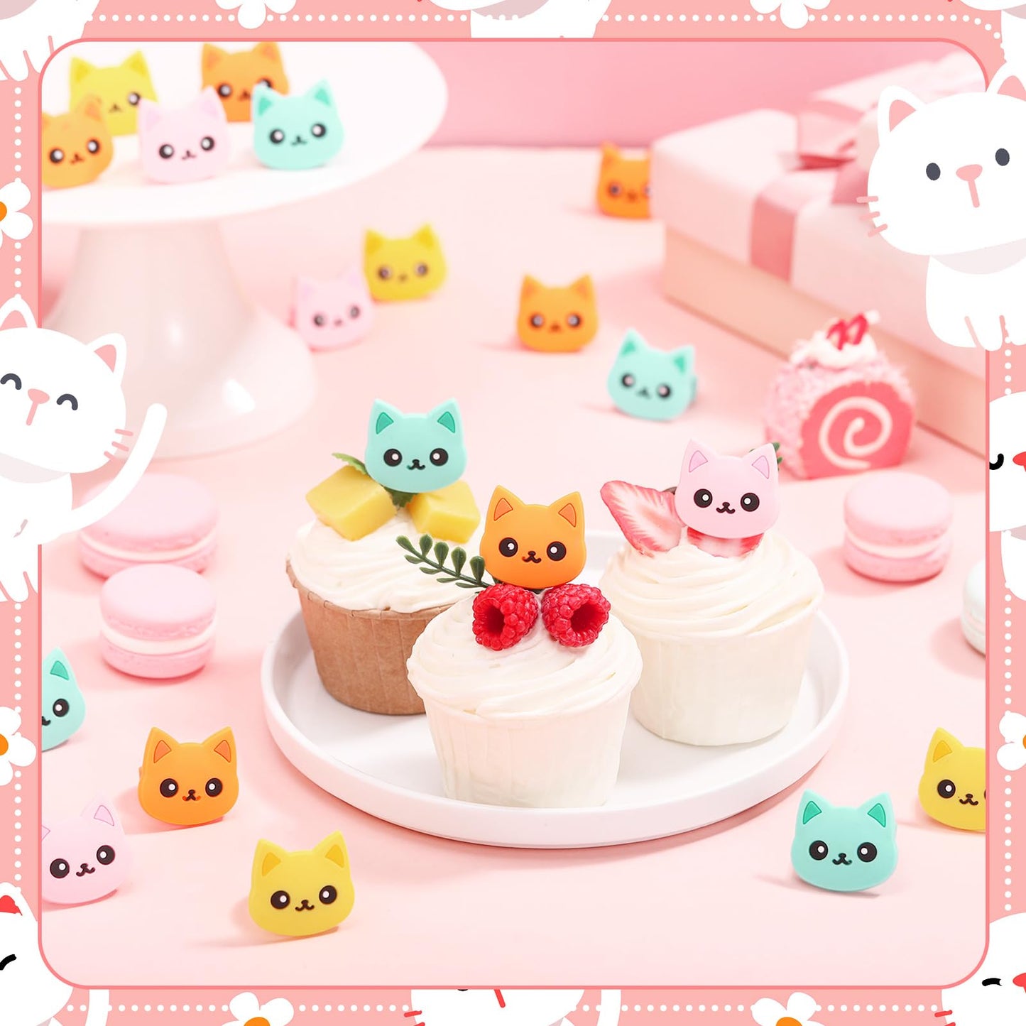 Chuangdi 48-Piece Cat Cupcake Rings – Colorful Toppers for Pet-Themed Parties, 4 Styles
