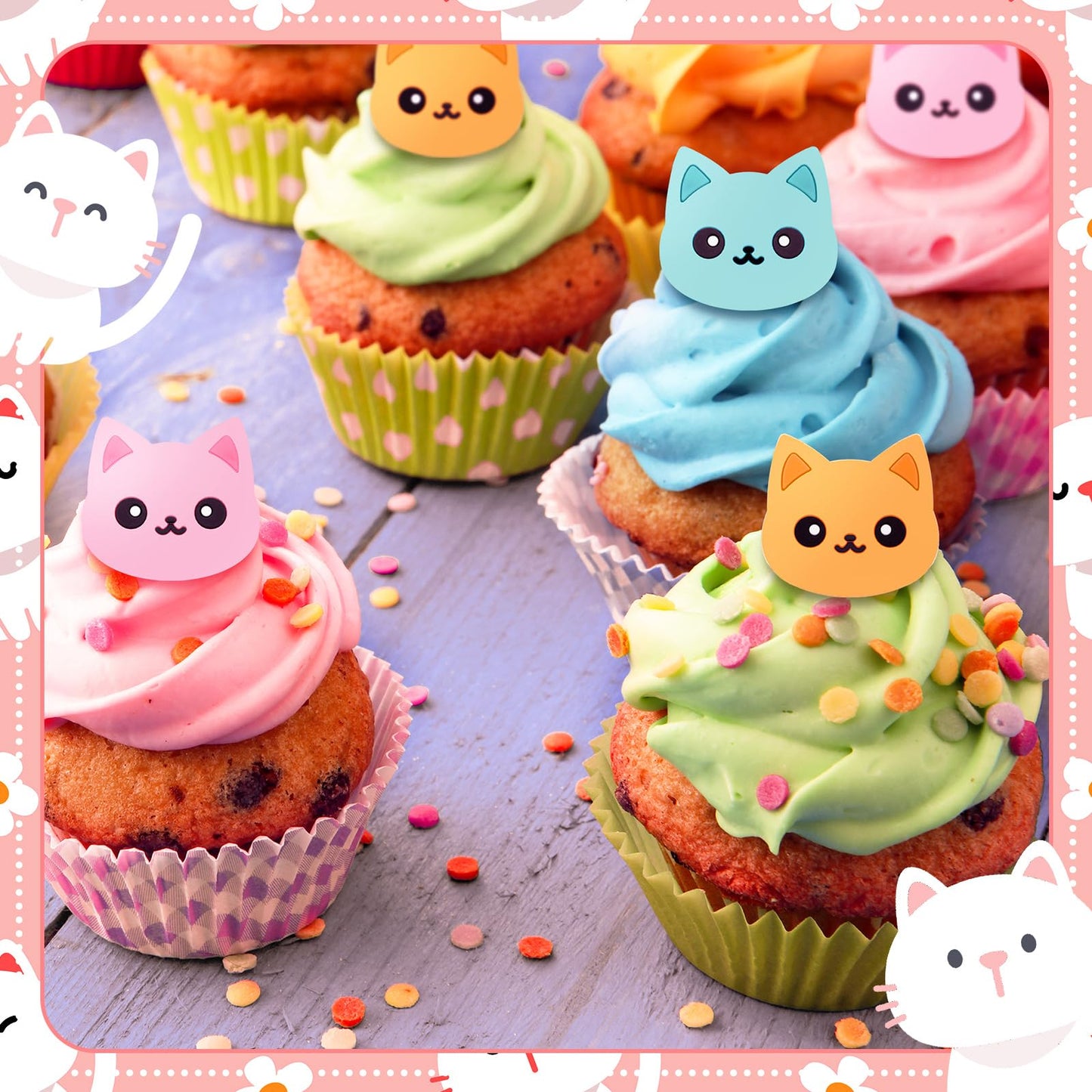 Chuangdi 48-Piece Cat Cupcake Rings – Colorful Toppers for Pet-Themed Parties, 4 Styles