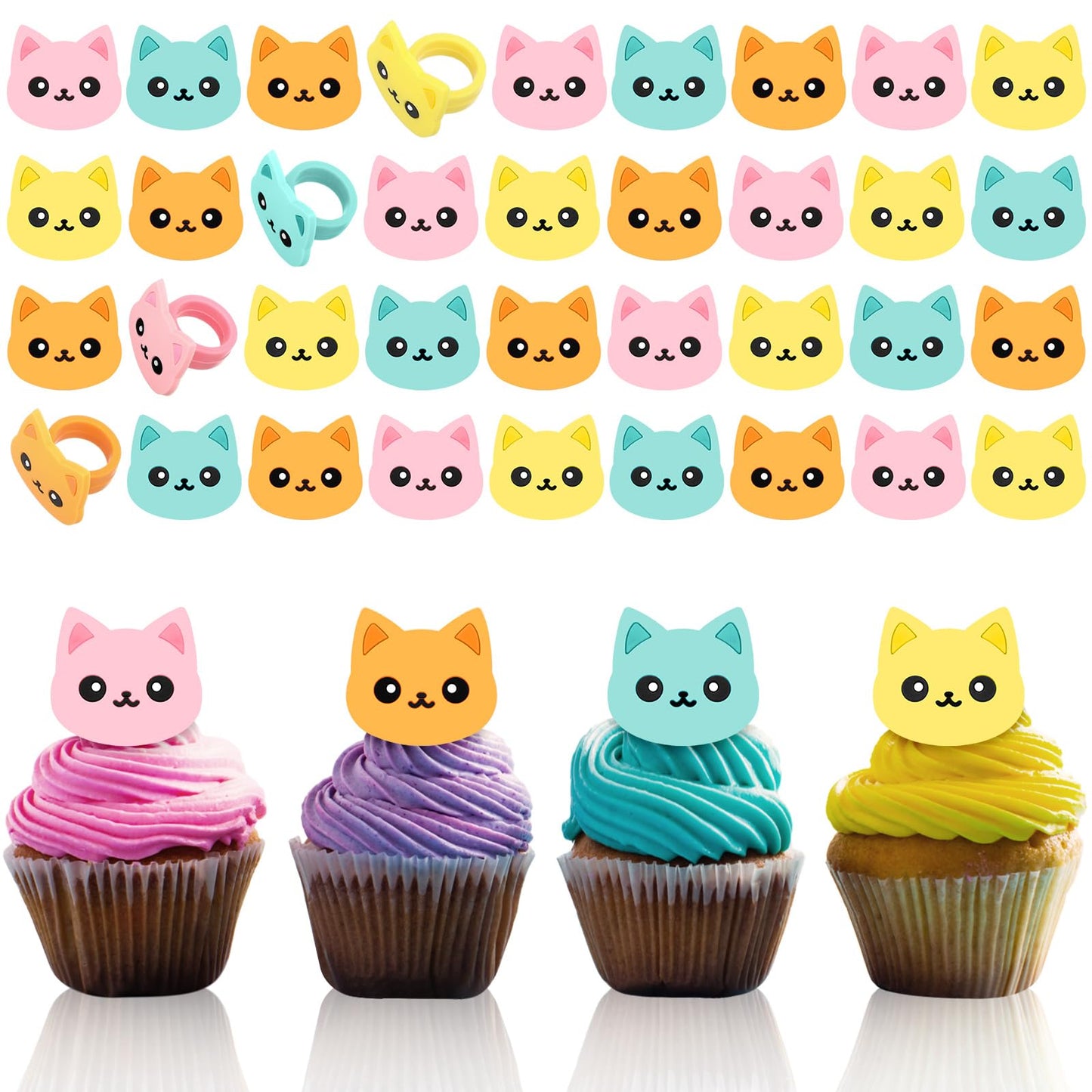 Chuangdi 48-Piece Cat Cupcake Rings – Colorful Toppers for Pet-Themed Parties, 4 Styles