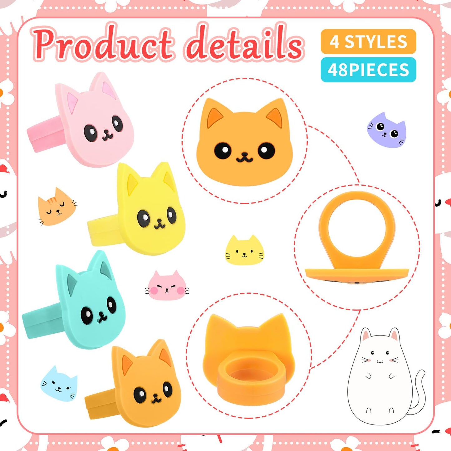 Chuangdi 48-Piece Cat Cupcake Rings – Colorful Toppers for Pet-Themed Parties, 4 Styles
