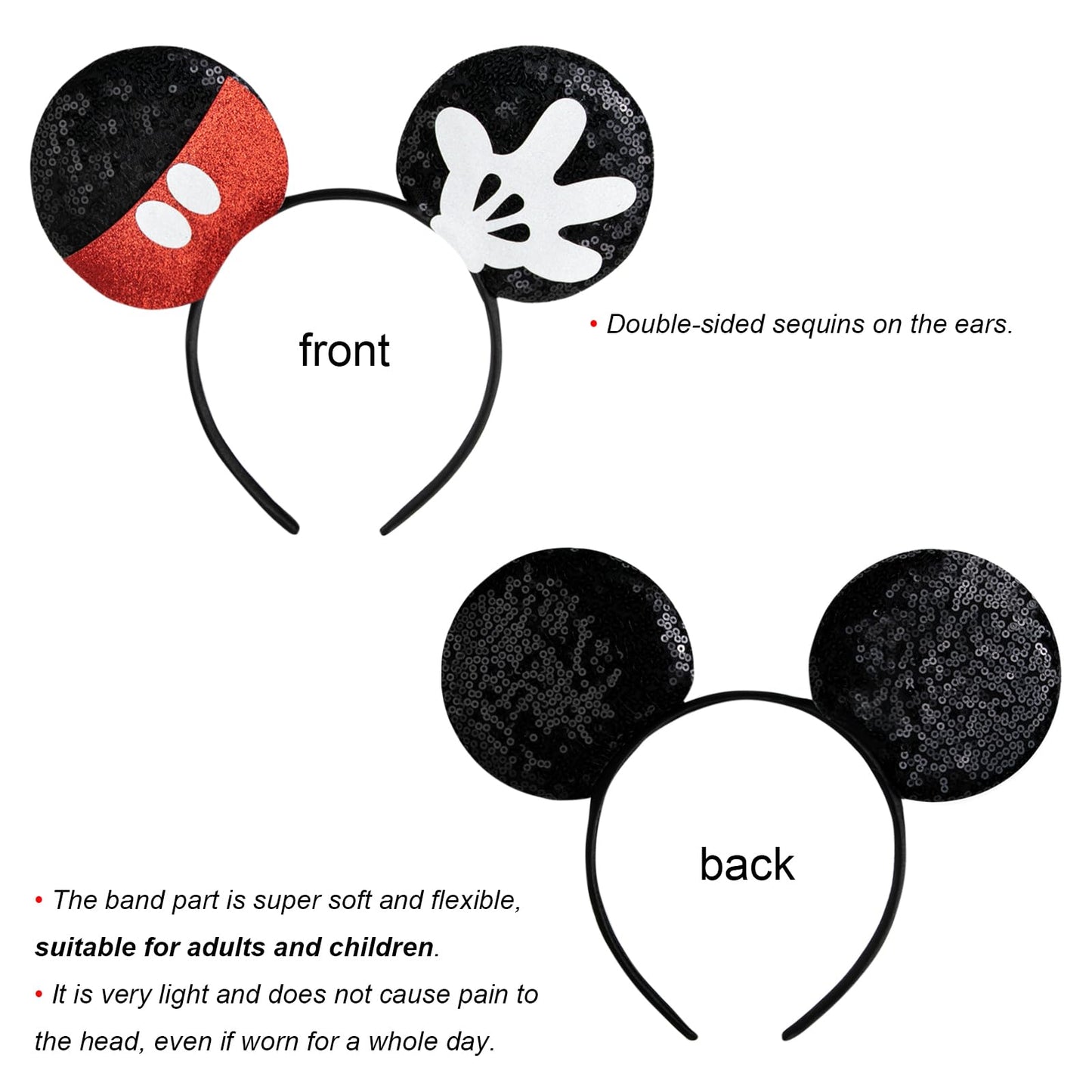 CHuangQi 2-Pack Mouse Ears Headbands with Shiny Bow — Double-Sided Sequins for Party & Photos | XC25-2
