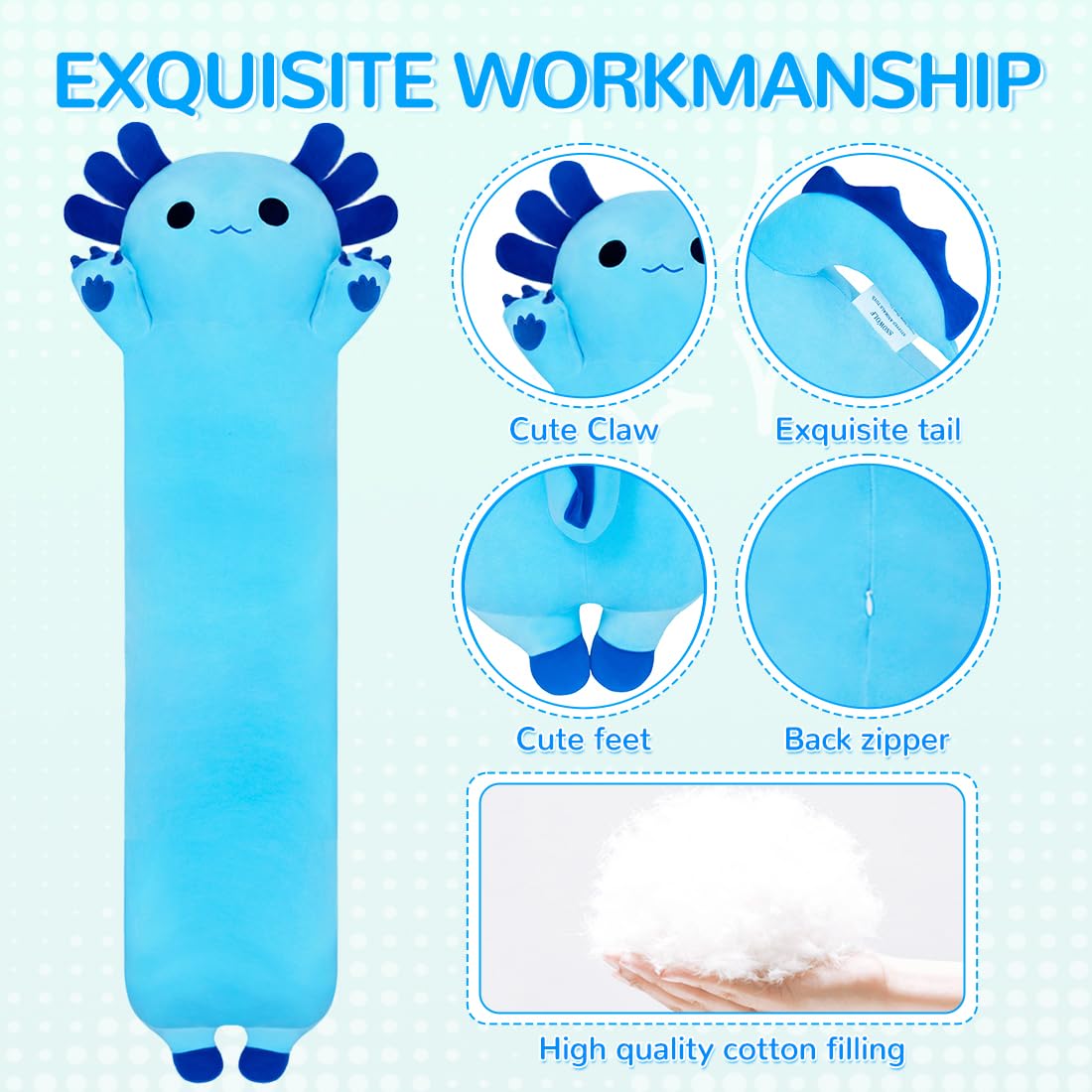 Chubbyjoy Axolotl Plush Toy — 27.5in Blue Long Body Pillow