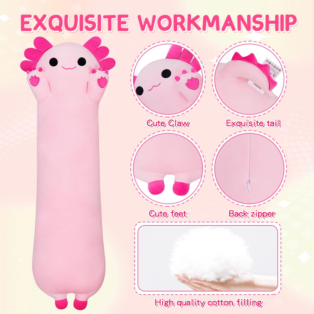 Chubbyjoy Long Axolotl Plush Body Pillow - 35” Pink Axolotl Stuffed Toy for Girls & Boys
