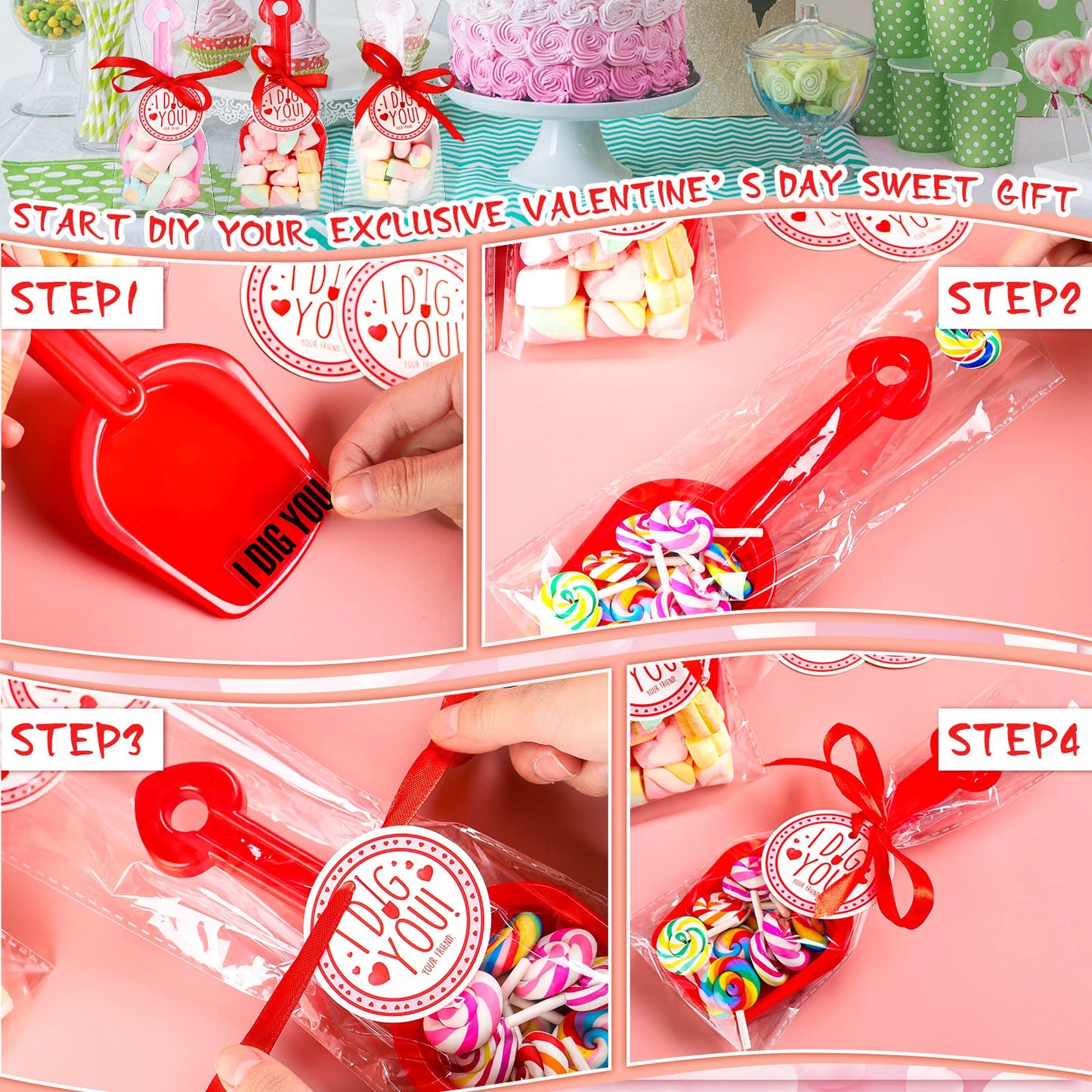 Chumia Valentine’s Day I Dig You Shovels — 230-Piece Gift Set with Stickers, Tags, Bags & Ribbon