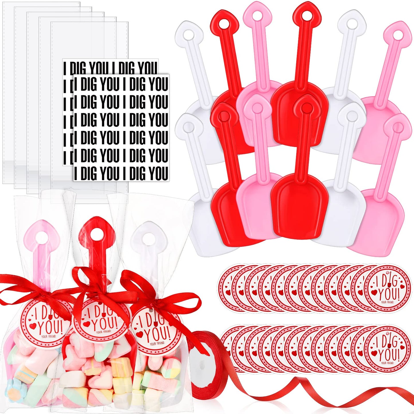 Chumia Valentine’s Day I Dig You Shovels — 230-Piece Gift Set with Stickers, Tags, Bags & Ribbon