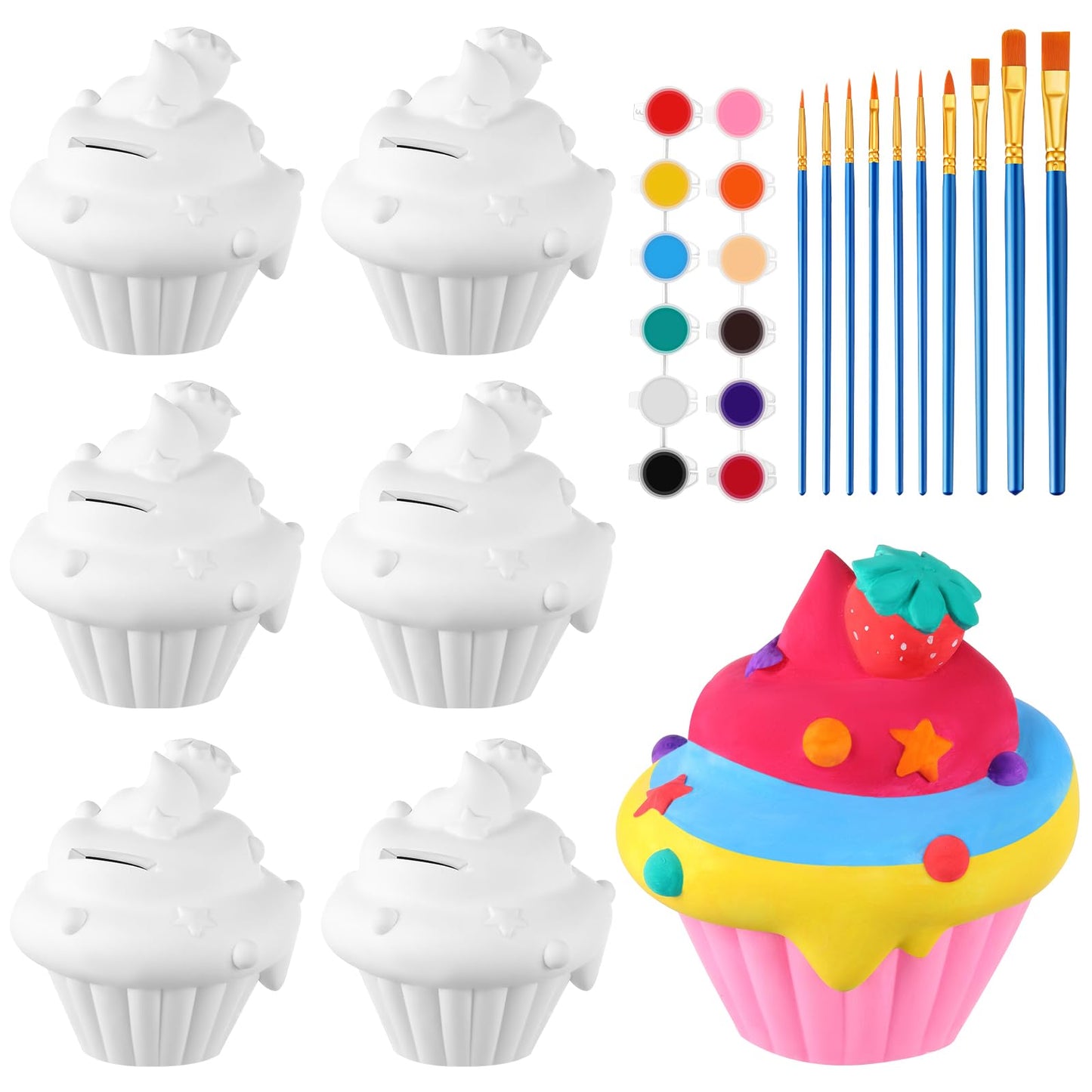 Chunful 6-Set Ceramic Piggy Bank Painting Kit for Kids – Cupcake Theme