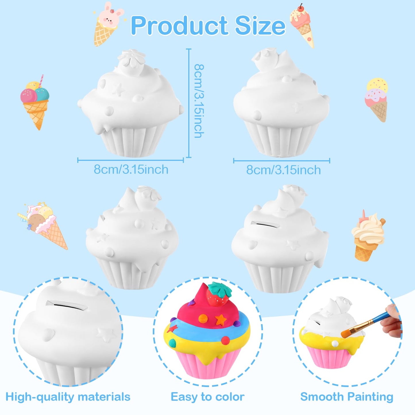 Chunful 6-Set Ceramic Piggy Bank Painting Kit for Kids – Cupcake Theme