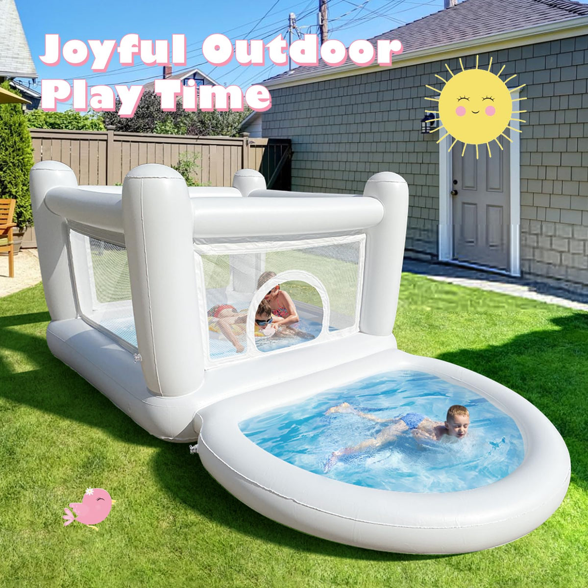 CHUNNIAN White Bounce House – Indoor/Outdoor Mini Inflatable with Ball Pit Pool (No Blower)