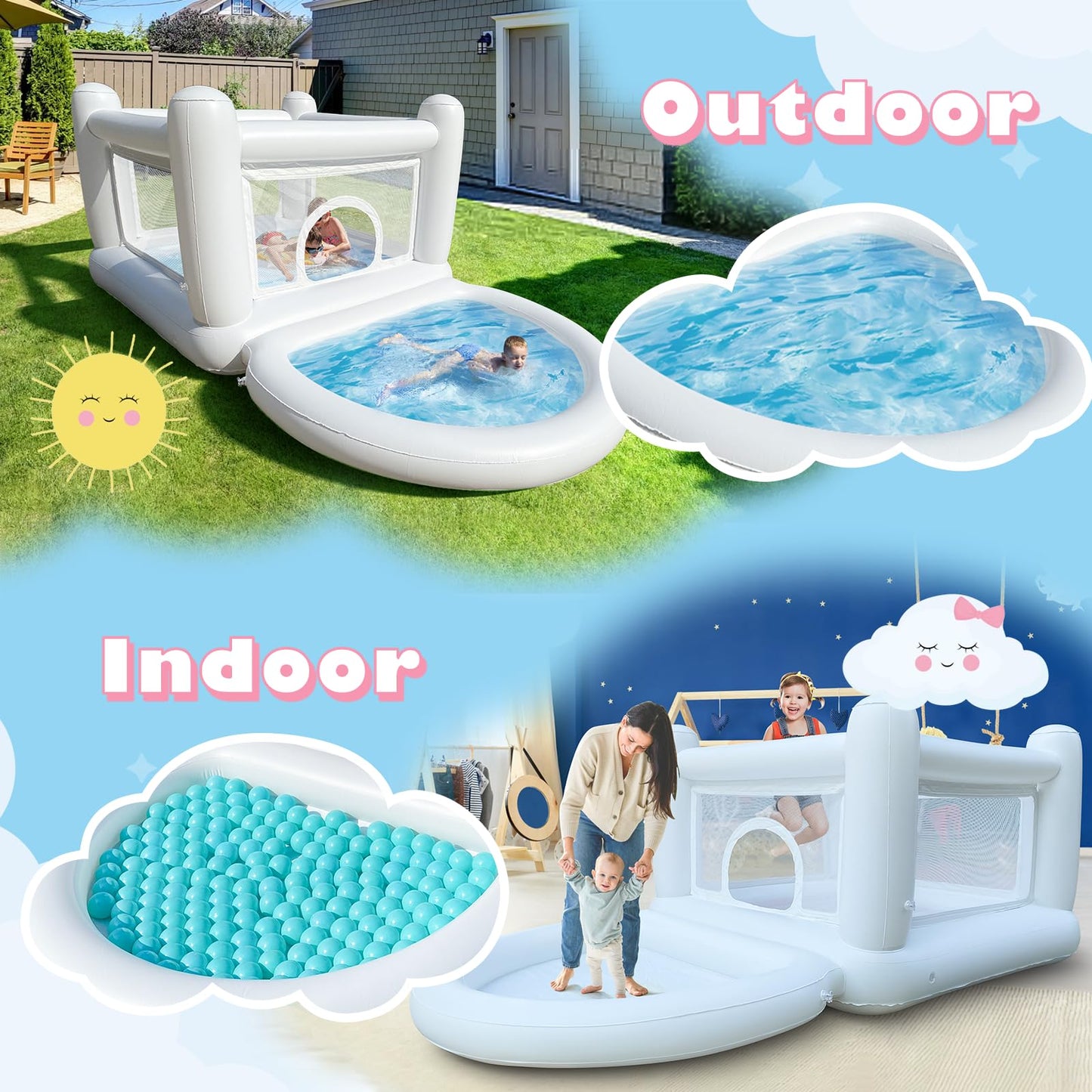 CHUNNIAN White Bounce House – Indoor/Outdoor Mini Inflatable with Ball Pit Pool (No Blower)