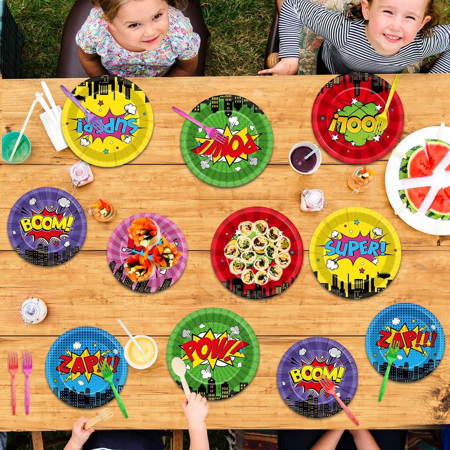 CHUNNIN 96Pcs Super Theme Hero Party Plates Napkins Forks Set for 24 Guests