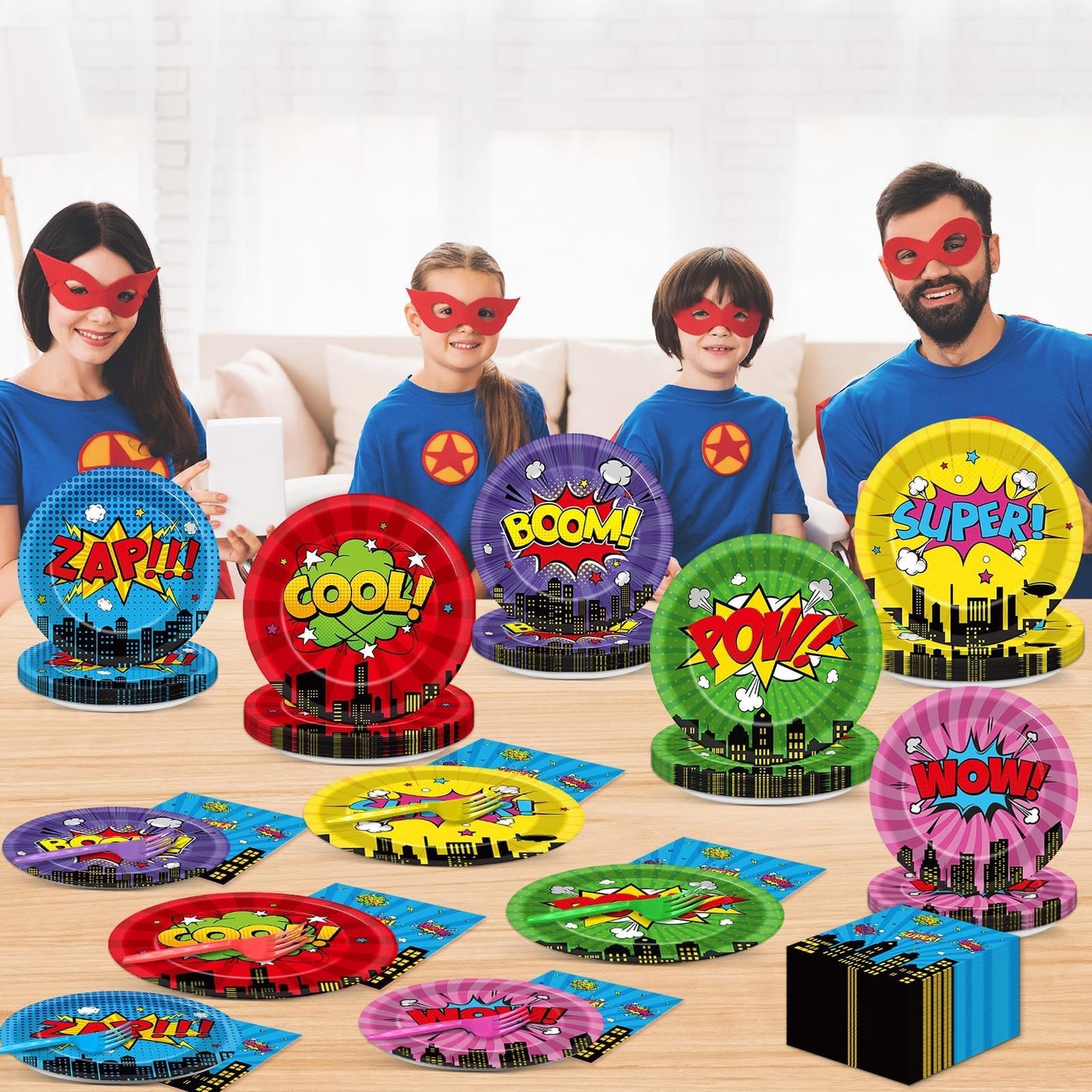 CHUNNIN 96Pcs Super Theme Hero Party Plates Napkins Forks Set for 24 Guests