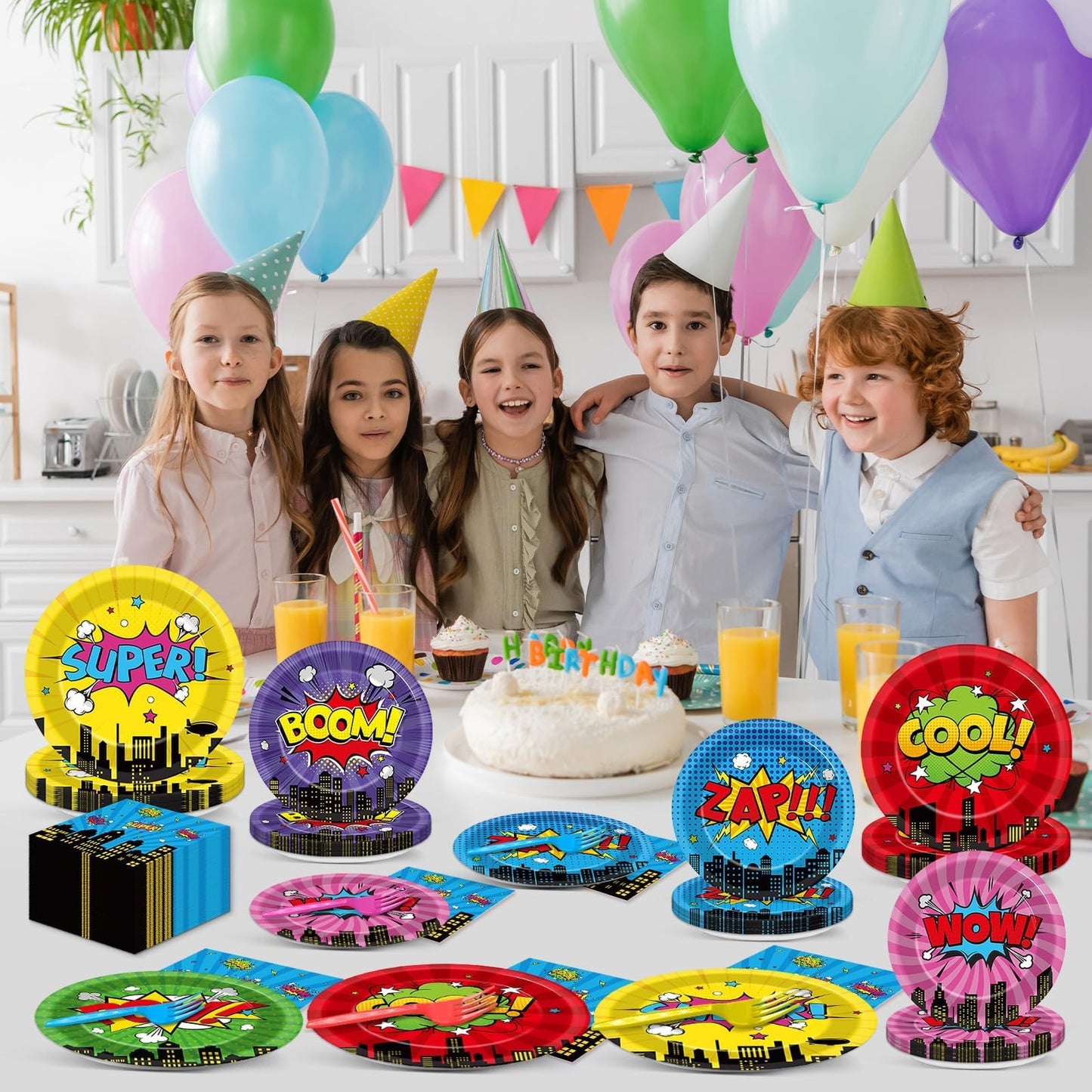 CHUNNIN 96Pcs Super Theme Hero Party Plates Napkins Forks Set for 24 Guests