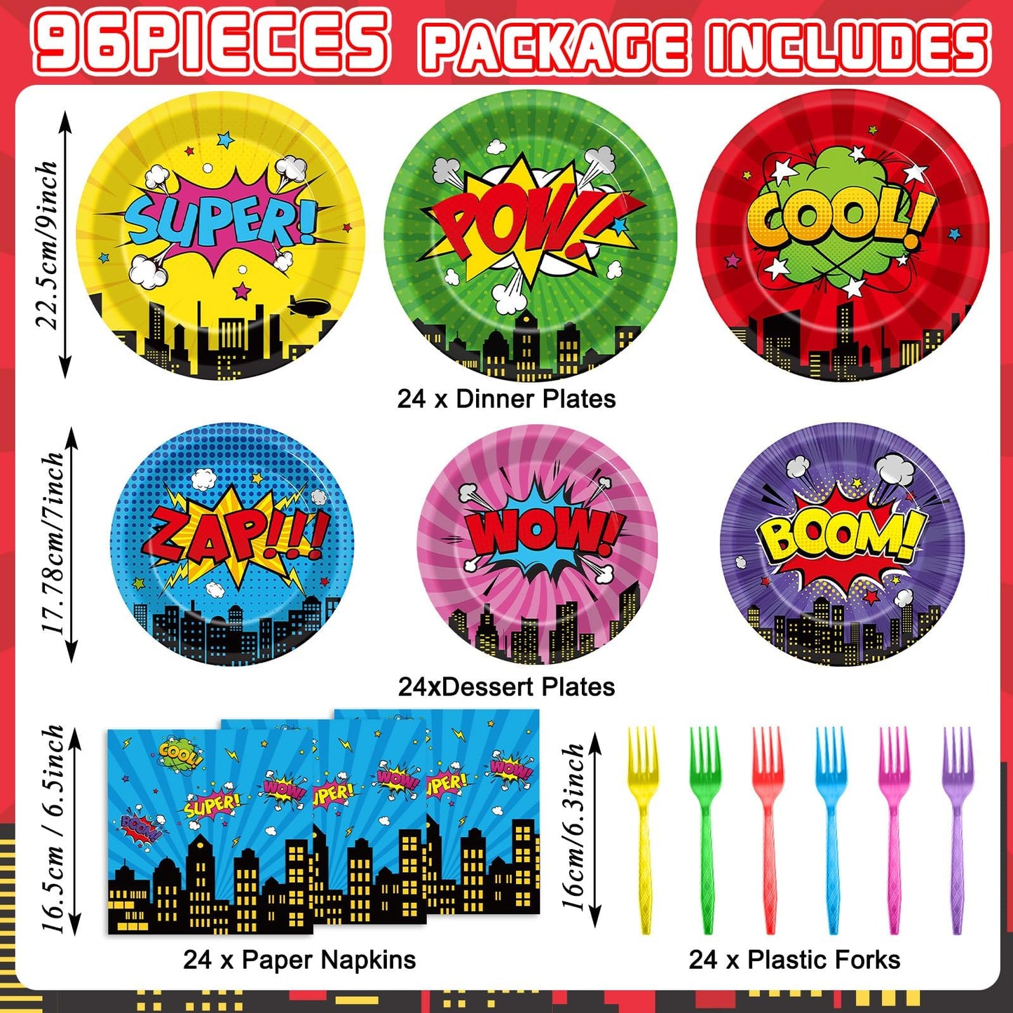 CHUNNIN 96Pcs Super Theme Hero Party Plates Napkins Forks Set for 24 Guests