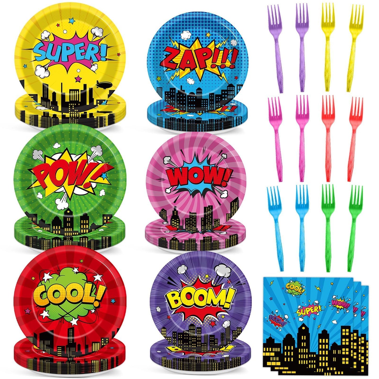 CHUNNIN 96Pcs Super Theme Hero Party Plates Napkins Forks Set for 24 Guests